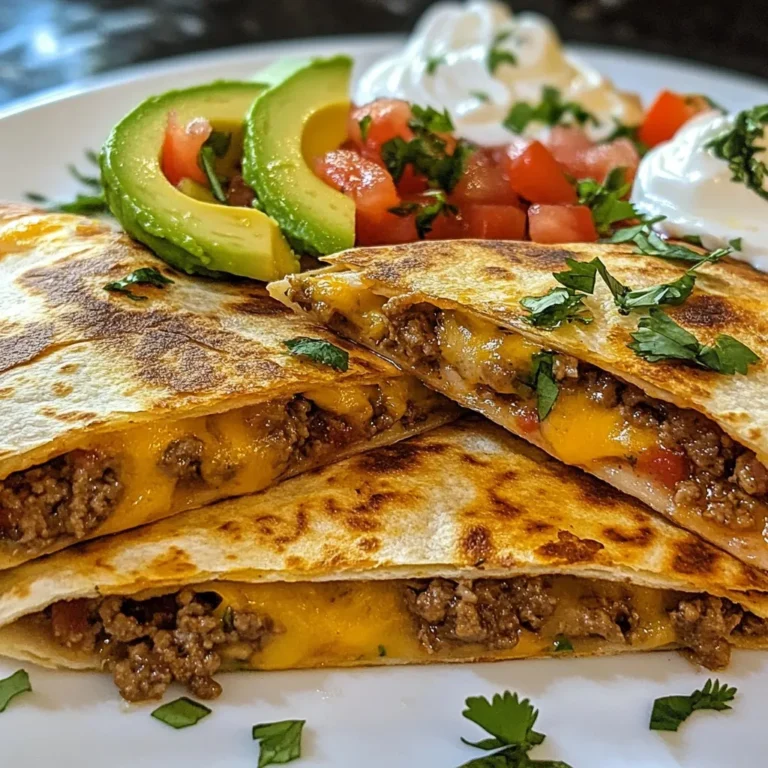 - 1 pound ground beef (80/20 blend) - 4 large flour tortillas - 2 cups shredded cheddar cheese - 1 cup shredded Monterey Jack cheese - 1 teaspoon garlic powder - 1 teaspoon onion powder - 1 teaspoon smoked paprika - Salt and pepper, to taste - 1 cup diced tomatoes - 1/2 cup diced red onion - 1/4 cup fresh cilantro, chopped - 1 avocado, sliced - Salsa and sour cream - Optional garnishes (lime, additional cilantro) The main ingredients list is simple but full of flavor. The ground beef provides a juicy base. The tortillas hold everything together while adding crunch. Cheese brings gooey richness that you will love. For seasoning, garlic powder, onion powder, and smoked paprika add depth to the beef. Salt and pepper enhance the flavor. Fresh vegetables like tomatoes and onions add brightness. Cilantro and avocado give a fresh twist. Finally, serving with salsa and sour cream makes each bite even better. Lime and extra cilantro are great for garnish. These ingredients create a delicious experience you won’t forget. Enjoy the flavorful crunch of your Smashburger quesadillas! {{ingredient_image_2}} To make the beef, heat a large skillet over medium-high heat. Add one pound of ground beef. I like to use an 80/20 blend for the best flavor and juiciness. Sprinkle in one teaspoon of garlic powder, one teaspoon of onion powder, one teaspoon of smoked paprika, and some salt and pepper. Cook for about 6 to 8 minutes. Break up the beef with a spatula as it cooks. Form it into flat patties. This step helps create crispy edges. Once the beef is browned and cooked, take it off the heat. Stir in one cup of diced tomatoes, half a cup of diced red onion, and half of the chopped cilantro. Mixing these ingredients adds great flavor to your filling. Seasoning is key! You want every bite to burst with taste. Now it's time to assemble the quesadilla. Preheat a large skillet or griddle over medium heat. Place one large flour tortilla on the skillet. On one half of the tortilla, add a layer of shredded cheddar and Monterey Jack cheese. Then, scoop a generous amount of the beef mixture on top. Add a little more cheese for extra gooeyness. Carefully fold the tortilla in half. Cook the quesadilla for about 3 to 4 minutes on each side. It should turn golden brown and crispy. Press down gently with a spatula while cooking to help it brown evenly. After cooking, transfer the quesadilla to a cutting board and cut it into wedges. Repeat with the remaining tortillas and filling until you have a plate full of delicious quesadillas. To ensure even cooking, always preheat your skillet. Use medium heat for the best results. Place one tortilla on the hot skillet. Add cheese and filling on one half. Fold the tortilla over to cover the filling. This method helps it cook evenly. For spatula techniques, use a wide spatula. It makes flipping easier. Gently press down while cooking. This promotes even browning and crispy edges. Flip carefully to avoid spills. You can spice things up with different seasonings. Try adding cumin or chili powder for extra kick. You can also mix in some smoked paprika. It adds a rich flavor that pairs well with beef. Adding more vegetables boosts taste and nutrition. Consider bell peppers, spinach, or corn. These add color and crunch. You can also include proteins like chicken or turkey for a twist. For gatherings, serve quesadillas on a bright platter. Cutting them into wedges makes for easy sharing. Arrange them in a circle with dips in the center. It looks appealing and is fun to enjoy. Best garnishes include fresh cilantro and avocado slices. They add color and freshness to the plate. A sprinkle of lime juice brightens the dish. It enhances the flavors and makes it look even better. Pro Tips Use High-Quality Beef: Opt for a good quality ground beef with a higher fat content for juicier and more flavorful quesadillas. Don’t Overfill: While it’s tempting to add lots of filling, keep it moderate to ensure the quesadilla cooks evenly and holds together. Experiment with Cheeses: Feel free to mix different types of cheese like pepper jack or gouda for a unique flavor twist! Keep It Warm: If making multiple quesadillas, keep them warm in a low oven (around 200°F) while you cook the rest to serve them hot. {{image_4}} You can switch up the meat in your quesadillas. Try using chicken or turkey for a leaner choice. Ground turkey works well. You can even make a veggie version. Use black beans or mushrooms for a tasty twist. Each option brings a unique flavor and texture. While cheddar and Monterey Jack are great, feel free to mix it up. Pepper Jack adds some spice and zing. For a creamier taste, try using cream cheese or goat cheese. You can also use a blend of different cheeses for a rich flavor. Experiment until you find your favorite mix. Salsas can really change the game for your quesadillas. Try fresh pico de gallo for a bright touch. Mango salsa gives a sweet twist. If you want something bolder, opt for chipotle salsa. You can also explore different dipping sauces. Ranch dressing or guacamole are tasty choices too. Each sauce offers a new flavor adventure. To keep your Smashburger quesadillas fresh, follow these tips: - Refrigeration: Place leftover quesadillas in an airtight container. They stay good for up to 3 days in the fridge. - Freezing: For longer storage, wrap each quesadilla in plastic wrap, then place them in a freezer bag. They can last for up to 2 months. When you're ready to enjoy your quesadillas again, here’s how to reheat them: - Methods: Use a skillet over medium heat for best results. This keeps the quesadilla crispy. You can also use an oven at 350°F (175°C) for about 10-15 minutes. - Time and Temperature: If using the skillet, heat each side for about 3-4 minutes. Check to ensure the cheese melts and the outside turns golden brown. Want to make your week easier? Meal prep your quesadillas: - Preparing in Advance: Cook the beef and prepare the filling in advance. Store it in the fridge for quick assembly. - Suggested Storage Containers: Use clear, airtight containers for the filling. This way, you can see what you have ready to go! For quesadillas, wrap them in foil or store in a container to keep them fresh. To make Smashburger-style quesadillas, you need a few key ingredients. First, use ground beef, ideally an 80/20 blend. This mix provides the right fat for flavor. You will also need garlic powder, onion powder, and smoked paprika for seasoning. Fresh ingredients like diced tomatoes, red onion, and cilantro add freshness. For the cheesy goodness, grab shredded cheddar and Monterey Jack cheese. Large flour tortillas hold it all together. Absolutely! You can personalize fillings to suit your taste. Try adding black beans for extra protein. Chopped bell peppers or jalapeños offer a nice kick. You could also swap the beef for grilled chicken or turkey. For a vegetarian option, use mushrooms or zucchini. Just remember to keep the cheese, as it melts beautifully and brings all the flavors together. A typical Smashburger quesadilla has around 600 calories per serving. This includes about 30 grams of fat and 40 grams of protein. The cheese and beef contribute to the fat content. If you add veggies, the fiber content increases, making them a bit healthier. Always check specific brands for exact nutritional values, as they can vary. You can find Smashburger quesadillas at any Smashburger location. They are part of their menu and offer a great taste. If you want to enjoy them at home, you can easily make them using the recipe provided above. This way, you can enjoy Smashburger-style quesadillas anytime. In this article, we explored how to make delicious quesadillas. We covered key ingredients like ground beef and cheese, then shared tips for cooking and assembling them. I highlighted variations, storage methods, and even answered common questions. Feel free to experiment with flavors and fillings. Customize your quesadillas to fit your taste. With these steps, you can create a dish that delights everyone. Enjoy your cooking adventures!