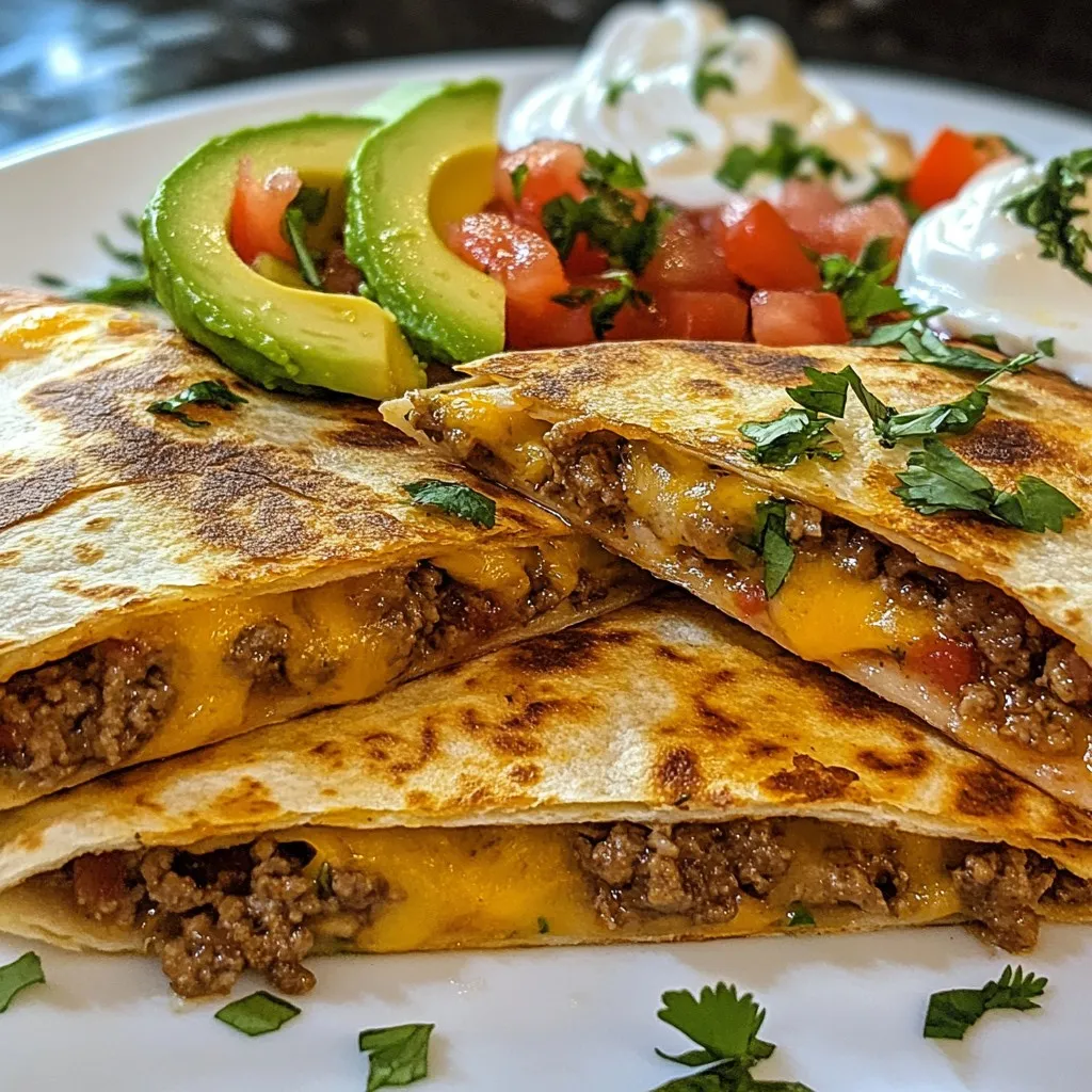 - 1 pound ground beef (80/20 blend) - 4 large flour tortillas - 2 cups shredded cheddar cheese - 1 cup shredded Monterey Jack cheese - 1 teaspoon garlic powder - 1 teaspoon onion powder - 1 teaspoon smoked paprika - Salt and pepper, to taste - 1 cup diced tomatoes - 1/2 cup diced red onion - 1/4 cup fresh cilantro, chopped - 1 avocado, sliced - Salsa and sour cream - Optional garnishes (lime, additional cilantro) The main ingredients list is simple but full of flavor. The ground beef provides a juicy base. The tortillas hold everything together while adding crunch. Cheese brings gooey richness that you will love. For seasoning, garlic powder, onion powder, and smoked paprika add depth to the beef. Salt and pepper enhance the flavor. Fresh vegetables like tomatoes and onions add brightness. Cilantro and avocado give a fresh twist. Finally, serving with salsa and sour cream makes each bite even better. Lime and extra cilantro are great for garnish. These ingredients create a delicious experience you won’t forget. Enjoy the flavorful crunch of your Smashburger quesadillas! {{ingredient_image_2}} To make the beef, heat a large skillet over medium-high heat. Add one pound of ground beef. I like to use an 80/20 blend for the best flavor and juiciness. Sprinkle in one teaspoon of garlic powder, one teaspoon of onion powder, one teaspoon of smoked paprika, and some salt and pepper. Cook for about 6 to 8 minutes. Break up the beef with a spatula as it cooks. Form it into flat patties. This step helps create crispy edges. Once the beef is browned and cooked, take it off the heat. Stir in one cup of diced tomatoes, half a cup of diced red onion, and half of the chopped cilantro. Mixing these ingredients adds great flavor to your filling. Seasoning is key! You want every bite to burst with taste. Now it's time to assemble the quesadilla. Preheat a large skillet or griddle over medium heat. Place one large flour tortilla on the skillet. On one half of the tortilla, add a layer of shredded cheddar and Monterey Jack cheese. Then, scoop a generous amount of the beef mixture on top. Add a little more cheese for extra gooeyness. Carefully fold the tortilla in half. Cook the quesadilla for about 3 to 4 minutes on each side. It should turn golden brown and crispy. Press down gently with a spatula while cooking to help it brown evenly. After cooking, transfer the quesadilla to a cutting board and cut it into wedges. Repeat with the remaining tortillas and filling until you have a plate full of delicious quesadillas. To ensure even cooking, always preheat your skillet. Use medium heat for the best results. Place one tortilla on the hot skillet. Add cheese and filling on one half. Fold the tortilla over to cover the filling. This method helps it cook evenly. For spatula techniques, use a wide spatula. It makes flipping easier. Gently press down while cooking. This promotes even browning and crispy edges. Flip carefully to avoid spills. You can spice things up with different seasonings. Try adding cumin or chili powder for extra kick. You can also mix in some smoked paprika. It adds a rich flavor that pairs well with beef. Adding more vegetables boosts taste and nutrition. Consider bell peppers, spinach, or corn. These add color and crunch. You can also include proteins like chicken or turkey for a twist. For gatherings, serve quesadillas on a bright platter. Cutting them into wedges makes for easy sharing. Arrange them in a circle with dips in the center. It looks appealing and is fun to enjoy. Best garnishes include fresh cilantro and avocado slices. They add color and freshness to the plate. A sprinkle of lime juice brightens the dish. It enhances the flavors and makes it look even better. Pro Tips Use High-Quality Beef: Opt for a good quality ground beef with a higher fat content for juicier and more flavorful quesadillas. Don’t Overfill: While it’s tempting to add lots of filling, keep it moderate to ensure the quesadilla cooks evenly and holds together. Experiment with Cheeses: Feel free to mix different types of cheese like pepper jack or gouda for a unique flavor twist! Keep It Warm: If making multiple quesadillas, keep them warm in a low oven (around 200°F) while you cook the rest to serve them hot. {{image_4}} You can switch up the meat in your quesadillas. Try using chicken or turkey for a leaner choice. Ground turkey works well. You can even make a veggie version. Use black beans or mushrooms for a tasty twist. Each option brings a unique flavor and texture. While cheddar and Monterey Jack are great, feel free to mix it up. Pepper Jack adds some spice and zing. For a creamier taste, try using cream cheese or goat cheese. You can also use a blend of different cheeses for a rich flavor. Experiment until you find your favorite mix. Salsas can really change the game for your quesadillas. Try fresh pico de gallo for a bright touch. Mango salsa gives a sweet twist. If you want something bolder, opt for chipotle salsa. You can also explore different dipping sauces. Ranch dressing or guacamole are tasty choices too. Each sauce offers a new flavor adventure. To keep your Smashburger quesadillas fresh, follow these tips: - Refrigeration: Place leftover quesadillas in an airtight container. They stay good for up to 3 days in the fridge. - Freezing: For longer storage, wrap each quesadilla in plastic wrap, then place them in a freezer bag. They can last for up to 2 months. When you're ready to enjoy your quesadillas again, here’s how to reheat them: - Methods: Use a skillet over medium heat for best results. This keeps the quesadilla crispy. You can also use an oven at 350°F (175°C) for about 10-15 minutes. - Time and Temperature: If using the skillet, heat each side for about 3-4 minutes. Check to ensure the cheese melts and the outside turns golden brown. Want to make your week easier? Meal prep your quesadillas: - Preparing in Advance: Cook the beef and prepare the filling in advance. Store it in the fridge for quick assembly. - Suggested Storage Containers: Use clear, airtight containers for the filling. This way, you can see what you have ready to go! For quesadillas, wrap them in foil or store in a container to keep them fresh. To make Smashburger-style quesadillas, you need a few key ingredients. First, use ground beef, ideally an 80/20 blend. This mix provides the right fat for flavor. You will also need garlic powder, onion powder, and smoked paprika for seasoning. Fresh ingredients like diced tomatoes, red onion, and cilantro add freshness. For the cheesy goodness, grab shredded cheddar and Monterey Jack cheese. Large flour tortillas hold it all together. Absolutely! You can personalize fillings to suit your taste. Try adding black beans for extra protein. Chopped bell peppers or jalapeños offer a nice kick. You could also swap the beef for grilled chicken or turkey. For a vegetarian option, use mushrooms or zucchini. Just remember to keep the cheese, as it melts beautifully and brings all the flavors together. A typical Smashburger quesadilla has around 600 calories per serving. This includes about 30 grams of fat and 40 grams of protein. The cheese and beef contribute to the fat content. If you add veggies, the fiber content increases, making them a bit healthier. Always check specific brands for exact nutritional values, as they can vary. You can find Smashburger quesadillas at any Smashburger location. They are part of their menu and offer a great taste. If you want to enjoy them at home, you can easily make them using the recipe provided above. This way, you can enjoy Smashburger-style quesadillas anytime. In this article, we explored how to make delicious quesadillas. We covered key ingredients like ground beef and cheese, then shared tips for cooking and assembling them. I highlighted variations, storage methods, and even answered common questions. Feel free to experiment with flavors and fillings. Customize your quesadillas to fit your taste. With these steps, you can create a dish that delights everyone. Enjoy your cooking adventures!