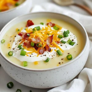 To make this creamy and flavorful loaded baked potato soup, gather these key ingredients: - 4 large russet potatoes, peeled and diced into 1-inch cubes - 1 medium onion, finely chopped - 3 cloves garlic, minced - 4 cups vegetable broth (or chicken broth for added flavor) - 1 cup heavy cream (or coconut cream for a dairy-free alternative) - 1 cup shredded sharp cheddar cheese - 1/2 cup cooked bacon bits (optional, for garnishing) - 1/2 cup sour cream (or dairy-free alternative) - 3 green onions, sliced (white and green parts separated) - Salt and freshly cracked black pepper to taste - 2 tablespoons extra virgin olive oil - 1 teaspoon smoked paprika - 1 teaspoon dried thyme You can make your soup even better with these tasty garnishes: - Extra bacon bits for crunch - Additional shredded cheddar cheese for more flavor - A sprinkle of fresh parsley for color - Extra green onions for freshness Need to swap some items? Here are some easy alternatives: - Use sweet potatoes instead of russet for a sweeter flavor. - Swap heavy cream with a nut milk for a lighter option. - Replace sour cream with Greek yogurt for a tangy twist. - Use vegetable broth to keep it vegetarian-friendly. These ideas help you customize the soup. Feel free to mix and match based on your taste! {{ingredient_image_2}} Start by peeling and dicing four large russet potatoes into 1-inch cubes. Place the potatoes in a large pot and cover them with water. Bring the pot to a rolling boil over high heat. Cook the potatoes for about 15 minutes until they are fork-tender. Once done, drain the potatoes and set them aside to cool slightly. This step ensures that your soup has a rich potato flavor. Next, use the same pot to sauté your aromatics. Heat 2 tablespoons of extra virgin olive oil over medium heat. When the oil is hot, add the finely chopped onion. Sauté the onion for about five minutes, until it becomes soft and translucent. Then, add three minced garlic cloves and sauté for one more minute. Stir frequently to prevent burning. This process builds the soup's flavor base. Now it’s time to blend the soup. Pour in four cups of vegetable broth into the pot with the sautéed onions and garlic. Bring the mixture to a gentle simmer. Stir in one teaspoon of smoked paprika and one teaspoon of dried thyme. Let the flavors meld for about 2-3 minutes. Now, add the cooked potatoes into the broth mixture. Use an immersion blender to puree the soup until smooth and creamy. If you don’t have an immersion blender, carefully transfer the mixture in batches to a countertop blender. Return the blended soup to the pot. This blending creates a velvety texture that is key to a great soup. To make your soup super creamy, use heavy cream. If you want a lighter option, try coconut cream. Blend the soup well. This helps mix in all the flavors. You can also add more cream if you like it richer. For a smooth texture, don’t rush the blending process. Use fresh spices like thyme and smoked paprika. They add depth and warmth. You can also use chicken broth instead of vegetable broth. This gives the soup a richer taste. Don't forget to taste as you cook. Adjust the salt and pepper to match your preference. Serve your soup with crusty bread for dipping. Top each bowl with sour cream, cheese, and green onions for color. Bacon bits add crunch and flavor, so consider using them. A drizzle of olive oil makes it look fancy. Enjoy this cozy meal with family or friends! Pro Tips Choose the Right Potatoes: For the best texture, use russet potatoes as they become fluffy when cooked, perfect for a creamy soup. Enhance the Flavor: Consider adding a splash of white wine or a dash of Worcestershire sauce for an extra layer of flavor in the broth. Texture Variation: For a chunkier soup, reserve some diced potatoes before blending and stir them back into the soup after blending. Garnish Creatively: Experiment with different toppings like crispy shallots, fresh herbs, or even a drizzle of truffle oil to elevate your soup. {{image_4}} You can make this soup without dairy. Use coconut cream instead of heavy cream. It gives a rich taste without dairy. For sour cream, try a dairy-free version made from cashews or soy. These swaps keep the soup creamy and delicious. To make this soup heartier, add different proteins. Shredded chicken or turkey works great. You can also use cooked sausage for extra flavor. If you want a plant-based option, try lentils or chickpeas. These proteins add texture and make the soup more filling. Make your soup even tastier with flavor boosts. Try adding fresh herbs, like parsley or chives. A squeeze of lemon juice brightens the flavor too. If you like spice, add a dash of hot sauce or cayenne pepper. Each of these additions makes the soup uniquely yours. To store your leftover loaded baked potato soup, let it cool down first. Pour it into an airtight container. Make sure to seal it well to keep out air and moisture. You can keep it in the fridge for up to three days. If you want to enjoy it later, freezing is a great option. When you are ready to eat your soup, reheating it is easy. Pour the soup into a pot and heat it over low to medium heat. Stir it often to prevent it from sticking. If the soup is too thick, add a splash of broth or water. You can also use the microwave. Heat it in a microwave-safe bowl for about two minutes, stirring halfway through. To freeze your loaded baked potato soup, use a freezer-safe container. Leave some space at the top since the soup will expand when frozen. It can last up to three months in the freezer. When you want to eat it, thaw it in the fridge overnight. Then, reheat it as mentioned above. This way, you can enjoy your soup later without losing its great flavor! The best way to thicken potato soup is by blending some of the potatoes. You can use an immersion blender to puree part of the soup. This creates a creamy texture without adding extra flour or starch. You can also cook the soup longer, allowing it to reduce and thicken naturally. Cream will add richness and thickness too. Yes, you can use other types of potatoes. Yukon Gold or red potatoes work well. They have a nice creamy texture and flavor. If you prefer, you can mix different potatoes for added taste. Just make sure to adjust the cooking time as needed. Loaded baked potato soup lasts about 3 to 4 days in the fridge. Store it in an airtight container to keep it fresh. Always remember to reheat it until it is hot all the way through before serving. If you want to keep it longer, consider freezing it. You now have all you need to make delicious loaded baked potato soup. We covered essential ingredients, detailed steps, and helpful tips. You can try variations for your own flair. Remember to store any leftovers properly and enjoy them later. This soup is perfect for warm meals and can easily adapt to your taste. Enjoy this comforting dish any time you want a hearty treat.