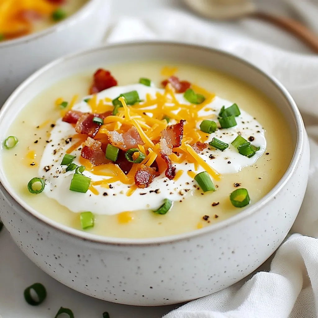 To make this creamy and flavorful loaded baked potato soup, gather these key ingredients: - 4 large russet potatoes, peeled and diced into 1-inch cubes - 1 medium onion, finely chopped - 3 cloves garlic, minced - 4 cups vegetable broth (or chicken broth for added flavor) - 1 cup heavy cream (or coconut cream for a dairy-free alternative) - 1 cup shredded sharp cheddar cheese - 1/2 cup cooked bacon bits (optional, for garnishing) - 1/2 cup sour cream (or dairy-free alternative) - 3 green onions, sliced (white and green parts separated) - Salt and freshly cracked black pepper to taste - 2 tablespoons extra virgin olive oil - 1 teaspoon smoked paprika - 1 teaspoon dried thyme You can make your soup even better with these tasty garnishes: - Extra bacon bits for crunch - Additional shredded cheddar cheese for more flavor - A sprinkle of fresh parsley for color - Extra green onions for freshness Need to swap some items? Here are some easy alternatives: - Use sweet potatoes instead of russet for a sweeter flavor. - Swap heavy cream with a nut milk for a lighter option. - Replace sour cream with Greek yogurt for a tangy twist. - Use vegetable broth to keep it vegetarian-friendly. These ideas help you customize the soup. Feel free to mix and match based on your taste! {{ingredient_image_2}} Start by peeling and dicing four large russet potatoes into 1-inch cubes. Place the potatoes in a large pot and cover them with water. Bring the pot to a rolling boil over high heat. Cook the potatoes for about 15 minutes until they are fork-tender. Once done, drain the potatoes and set them aside to cool slightly. This step ensures that your soup has a rich potato flavor. Next, use the same pot to sauté your aromatics. Heat 2 tablespoons of extra virgin olive oil over medium heat. When the oil is hot, add the finely chopped onion. Sauté the onion for about five minutes, until it becomes soft and translucent. Then, add three minced garlic cloves and sauté for one more minute. Stir frequently to prevent burning. This process builds the soup's flavor base. Now it’s time to blend the soup. Pour in four cups of vegetable broth into the pot with the sautéed onions and garlic. Bring the mixture to a gentle simmer. Stir in one teaspoon of smoked paprika and one teaspoon of dried thyme. Let the flavors meld for about 2-3 minutes. Now, add the cooked potatoes into the broth mixture. Use an immersion blender to puree the soup until smooth and creamy. If you don’t have an immersion blender, carefully transfer the mixture in batches to a countertop blender. Return the blended soup to the pot. This blending creates a velvety texture that is key to a great soup. To make your soup super creamy, use heavy cream. If you want a lighter option, try coconut cream. Blend the soup well. This helps mix in all the flavors. You can also add more cream if you like it richer. For a smooth texture, don’t rush the blending process. Use fresh spices like thyme and smoked paprika. They add depth and warmth. You can also use chicken broth instead of vegetable broth. This gives the soup a richer taste. Don't forget to taste as you cook. Adjust the salt and pepper to match your preference. Serve your soup with crusty bread for dipping. Top each bowl with sour cream, cheese, and green onions for color. Bacon bits add crunch and flavor, so consider using them. A drizzle of olive oil makes it look fancy. Enjoy this cozy meal with family or friends! Pro Tips Choose the Right Potatoes: For the best texture, use russet potatoes as they become fluffy when cooked, perfect for a creamy soup. Enhance the Flavor: Consider adding a splash of white wine or a dash of Worcestershire sauce for an extra layer of flavor in the broth. Texture Variation: For a chunkier soup, reserve some diced potatoes before blending and stir them back into the soup after blending. Garnish Creatively: Experiment with different toppings like crispy shallots, fresh herbs, or even a drizzle of truffle oil to elevate your soup. {{image_4}} You can make this soup without dairy. Use coconut cream instead of heavy cream. It gives a rich taste without dairy. For sour cream, try a dairy-free version made from cashews or soy. These swaps keep the soup creamy and delicious. To make this soup heartier, add different proteins. Shredded chicken or turkey works great. You can also use cooked sausage for extra flavor. If you want a plant-based option, try lentils or chickpeas. These proteins add texture and make the soup more filling. Make your soup even tastier with flavor boosts. Try adding fresh herbs, like parsley or chives. A squeeze of lemon juice brightens the flavor too. If you like spice, add a dash of hot sauce or cayenne pepper. Each of these additions makes the soup uniquely yours. To store your leftover loaded baked potato soup, let it cool down first. Pour it into an airtight container. Make sure to seal it well to keep out air and moisture. You can keep it in the fridge for up to three days. If you want to enjoy it later, freezing is a great option. When you are ready to eat your soup, reheating it is easy. Pour the soup into a pot and heat it over low to medium heat. Stir it often to prevent it from sticking. If the soup is too thick, add a splash of broth or water. You can also use the microwave. Heat it in a microwave-safe bowl for about two minutes, stirring halfway through. To freeze your loaded baked potato soup, use a freezer-safe container. Leave some space at the top since the soup will expand when frozen. It can last up to three months in the freezer. When you want to eat it, thaw it in the fridge overnight. Then, reheat it as mentioned above. This way, you can enjoy your soup later without losing its great flavor! The best way to thicken potato soup is by blending some of the potatoes. You can use an immersion blender to puree part of the soup. This creates a creamy texture without adding extra flour or starch. You can also cook the soup longer, allowing it to reduce and thicken naturally. Cream will add richness and thickness too. Yes, you can use other types of potatoes. Yukon Gold or red potatoes work well. They have a nice creamy texture and flavor. If you prefer, you can mix different potatoes for added taste. Just make sure to adjust the cooking time as needed. Loaded baked potato soup lasts about 3 to 4 days in the fridge. Store it in an airtight container to keep it fresh. Always remember to reheat it until it is hot all the way through before serving. If you want to keep it longer, consider freezing it. You now have all you need to make delicious loaded baked potato soup. We covered essential ingredients, detailed steps, and helpful tips. You can try variations for your own flair. Remember to store any leftovers properly and enjoy them later. This soup is perfect for warm meals and can easily adapt to your taste. Enjoy this comforting dish any time you want a hearty treat.