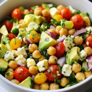 To make the Chickpea Feta Avocado Salad, gather these simple ingredients: - 1 can (15 oz) chickpeas, thoroughly rinsed and drained - 1 large avocado, carefully diced - 1 cup cherry tomatoes, halved - 1/2 cup feta cheese, crumbled - 1/4 red onion, finely chopped - 1/4 cup fresh parsley, chopped - 2 tablespoons extra virgin olive oil - 1 tablespoon freshly squeezed lemon juice - Salt and pepper, to taste - 1 extra avocado, diced (for garnish) Fresh ingredients make this salad stand out. Avocado adds creaminess and good fats. Cherry tomatoes bring sweetness and color. Red onion gives a nice crunch and sharpness. Fresh parsley adds a burst of flavor and makes the dish look pretty. Using quality extra virgin olive oil boosts richness. Fresh lemon juice adds a zesty kick. This salad is perfect for many diets. It is vegetarian and gluten-free. Chickpeas provide protein and fiber. Feta cheese adds calcium and flavor. You can easily replace feta with vegan options to make it plant-based. This salad works for lunch, dinner, or a snack, making it a great choice for everyone. {{ingredient_image_2}} Start by rinsing and draining one can of chickpeas. This helps remove any extra salt. Then, take your large avocado and carefully dice it. Use a sharp knife for clean cuts. Next, halve the cherry tomatoes and place them in your bowl for color. Crumble feta cheese over the mixture for a creamy texture. Lastly, finely chop a quarter of a red onion and add it to the bowl. In a small bowl, whisk two tablespoons of extra virgin olive oil with one tablespoon of lemon juice. This dressing adds brightness to the salad. Season it with salt and pepper. Pour this dressing over the salad ingredients in the large bowl. Gently toss everything together with a spatula. Be careful not to mash the avocado. You want to keep those nice chunks intact for the best flavor and look. To ensure your salad stays fresh, use ripe avocados. A ripe avocado will yield slightly when pressed. Combine the salad right before serving to keep the ingredients crisp. If you make it ahead, store the dressing separately. Add it just before serving to avoid sogginess. Finally, sprinkle fresh parsley over the salad right before serving for a burst of flavor and color. To ripen avocados, place them in a paper bag. The bag traps ethylene gas, speeding up ripening. You can add a banana or apple for extra help. Check daily until they feel soft. This usually takes 2 to 5 days. For quick ripening, place them near a warm spot, like a sunny window. You can boost your salad with fresh herbs. Basil, mint, or cilantro work well. Try adding a pinch of cumin or paprika for warmth. If you like a kick, diced jalapeños are great. For crunch, toss in some nuts or seeds, like toasted pumpkin seeds. These changes make the dish more exciting and unique. Serve the salad in bright bowls for a fun touch. Garnish with extra diced avocado and crumbled feta on top. A sprig of parsley adds color and a fresh smell. You can also drizzle a little more olive oil for shine. This makes the salad look as good as it tastes. Pro Tips Use ripe avocados: Ensure your avocados are perfectly ripe for the creamiest texture and best flavor in the salad. Adjust seasoning to taste: Always taste your salad before serving and adjust the salt and pepper to enhance the flavors. Add a protein boost: Consider adding grilled chicken or shrimp for a more filling meal option that pairs well with the salad. Chill before serving: Let the salad chill in the refrigerator for about 30 minutes to allow the flavors to meld together beautifully. {{image_4}} You can switch up the chickpeas with other beans. Black beans or kidney beans work great. They add color and flavor. Try adding different cheeses, too. Goat cheese gives a tangy taste, while mozzarella offers a milder flavor. Each choice brings a new twist to the salad. Using seasonal veggies makes this salad even better. In spring, add peas for a sweet crunch. In summer, crisp bell peppers can brighten the dish. In fall, roasted butternut squash adds warmth and depth. Each season brings fresh flavors, so don’t hesitate to mix things up. If you want a vegan option, swap feta for tofu or vegan cheese. Crumbled tofu can give a similar texture. You can also use nutritional yeast for a cheesy flavor. This keeps the salad creamy and delicious, while sticking to plant-based choices. To keep your Chickpea Feta Avocado Salad fresh, store it in an airtight container. This prevents air from making it soggy. It’s best to eat leftovers within two days. The avocado may brown, but you can still enjoy the flavor. For the best taste, buy fresh ingredients. Use ripe avocados for creaminess. Store them at room temperature until they ripen. Once ripe, keep them in the fridge. Cherry tomatoes should stay on the counter to keep their flavor. For feta, keep it in its brine or in a covered container. This salad is best enjoyed cold, so reheating isn't ideal. If you want to repurpose leftovers, use them as a filling for a wrap or mix them into a grain bowl. You can also add them to a quesadilla for a tasty twist. Yes, you can make this salad ahead of time. It keeps well in the fridge for up to three days. However, the avocado may brown. To keep it fresh, add the avocado just before serving. This way, it stays green and tasty. Chickpeas are great for you! They are high in protein and fiber. This helps you feel full longer. They also contain vitamins and minerals like iron and magnesium. Eating chickpeas can support heart health and aid digestion. Plus, they are low in fat, making them a smart choice. To make this salad lower in calories, use less feta cheese. You can also skip the olive oil or use less. Adding more vegetables like cucumber or bell peppers can help, too. These changes keep the salad light while still being delicious. In this post, I covered how to create a delicious salad using fresh ingredients. We explored ingredient lists, step-by-step preparation, and tips to enhance flavor. I also shared variations to keep your meals exciting and storage tips to maintain freshness. Remember, using quality ingredients makes a big difference. Experiment with different flavors and find what you enjoy most. Your salad can be healthy and fun!