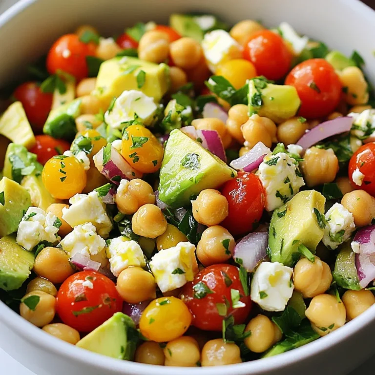 To make the Chickpea Feta Avocado Salad, gather these simple ingredients: - 1 can (15 oz) chickpeas, thoroughly rinsed and drained - 1 large avocado, carefully diced - 1 cup cherry tomatoes, halved - 1/2 cup feta cheese, crumbled - 1/4 red onion, finely chopped - 1/4 cup fresh parsley, chopped - 2 tablespoons extra virgin olive oil - 1 tablespoon freshly squeezed lemon juice - Salt and pepper, to taste - 1 extra avocado, diced (for garnish) Fresh ingredients make this salad stand out. Avocado adds creaminess and good fats. Cherry tomatoes bring sweetness and color. Red onion gives a nice crunch and sharpness. Fresh parsley adds a burst of flavor and makes the dish look pretty. Using quality extra virgin olive oil boosts richness. Fresh lemon juice adds a zesty kick. This salad is perfect for many diets. It is vegetarian and gluten-free. Chickpeas provide protein and fiber. Feta cheese adds calcium and flavor. You can easily replace feta with vegan options to make it plant-based. This salad works for lunch, dinner, or a snack, making it a great choice for everyone. {{ingredient_image_2}} Start by rinsing and draining one can of chickpeas. This helps remove any extra salt. Then, take your large avocado and carefully dice it. Use a sharp knife for clean cuts. Next, halve the cherry tomatoes and place them in your bowl for color. Crumble feta cheese over the mixture for a creamy texture. Lastly, finely chop a quarter of a red onion and add it to the bowl. In a small bowl, whisk two tablespoons of extra virgin olive oil with one tablespoon of lemon juice. This dressing adds brightness to the salad. Season it with salt and pepper. Pour this dressing over the salad ingredients in the large bowl. Gently toss everything together with a spatula. Be careful not to mash the avocado. You want to keep those nice chunks intact for the best flavor and look. To ensure your salad stays fresh, use ripe avocados. A ripe avocado will yield slightly when pressed. Combine the salad right before serving to keep the ingredients crisp. If you make it ahead, store the dressing separately. Add it just before serving to avoid sogginess. Finally, sprinkle fresh parsley over the salad right before serving for a burst of flavor and color. To ripen avocados, place them in a paper bag. The bag traps ethylene gas, speeding up ripening. You can add a banana or apple for extra help. Check daily until they feel soft. This usually takes 2 to 5 days. For quick ripening, place them near a warm spot, like a sunny window. You can boost your salad with fresh herbs. Basil, mint, or cilantro work well. Try adding a pinch of cumin or paprika for warmth. If you like a kick, diced jalapeños are great. For crunch, toss in some nuts or seeds, like toasted pumpkin seeds. These changes make the dish more exciting and unique. Serve the salad in bright bowls for a fun touch. Garnish with extra diced avocado and crumbled feta on top. A sprig of parsley adds color and a fresh smell. You can also drizzle a little more olive oil for shine. This makes the salad look as good as it tastes. Pro Tips Use ripe avocados: Ensure your avocados are perfectly ripe for the creamiest texture and best flavor in the salad. Adjust seasoning to taste: Always taste your salad before serving and adjust the salt and pepper to enhance the flavors. Add a protein boost: Consider adding grilled chicken or shrimp for a more filling meal option that pairs well with the salad. Chill before serving: Let the salad chill in the refrigerator for about 30 minutes to allow the flavors to meld together beautifully. {{image_4}} You can switch up the chickpeas with other beans. Black beans or kidney beans work great. They add color and flavor. Try adding different cheeses, too. Goat cheese gives a tangy taste, while mozzarella offers a milder flavor. Each choice brings a new twist to the salad. Using seasonal veggies makes this salad even better. In spring, add peas for a sweet crunch. In summer, crisp bell peppers can brighten the dish. In fall, roasted butternut squash adds warmth and depth. Each season brings fresh flavors, so don’t hesitate to mix things up. If you want a vegan option, swap feta for tofu or vegan cheese. Crumbled tofu can give a similar texture. You can also use nutritional yeast for a cheesy flavor. This keeps the salad creamy and delicious, while sticking to plant-based choices. To keep your Chickpea Feta Avocado Salad fresh, store it in an airtight container. This prevents air from making it soggy. It’s best to eat leftovers within two days. The avocado may brown, but you can still enjoy the flavor. For the best taste, buy fresh ingredients. Use ripe avocados for creaminess. Store them at room temperature until they ripen. Once ripe, keep them in the fridge. Cherry tomatoes should stay on the counter to keep their flavor. For feta, keep it in its brine or in a covered container. This salad is best enjoyed cold, so reheating isn't ideal. If you want to repurpose leftovers, use them as a filling for a wrap or mix them into a grain bowl. You can also add them to a quesadilla for a tasty twist. Yes, you can make this salad ahead of time. It keeps well in the fridge for up to three days. However, the avocado may brown. To keep it fresh, add the avocado just before serving. This way, it stays green and tasty. Chickpeas are great for you! They are high in protein and fiber. This helps you feel full longer. They also contain vitamins and minerals like iron and magnesium. Eating chickpeas can support heart health and aid digestion. Plus, they are low in fat, making them a smart choice. To make this salad lower in calories, use less feta cheese. You can also skip the olive oil or use less. Adding more vegetables like cucumber or bell peppers can help, too. These changes keep the salad light while still being delicious. In this post, I covered how to create a delicious salad using fresh ingredients. We explored ingredient lists, step-by-step preparation, and tips to enhance flavor. I also shared variations to keep your meals exciting and storage tips to maintain freshness. Remember, using quality ingredients makes a big difference. Experiment with different flavors and find what you enjoy most. Your salad can be healthy and fun!