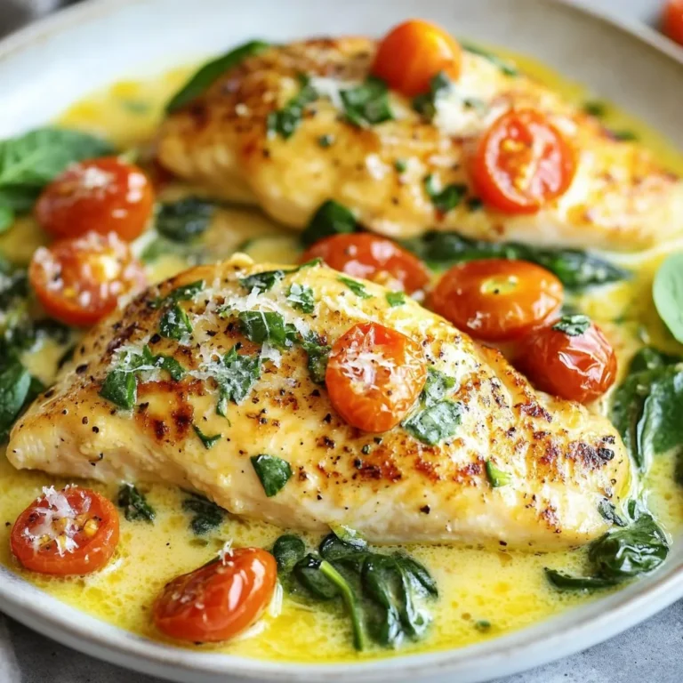 - 4 boneless, skinless chicken breasts - 1 tablespoon high-quality olive oil - 4 cloves fresh garlic, finely minced - 1 cup vibrant cherry tomatoes, halved - 1 cup fresh baby spinach leaves - 1 cup rich heavy cream - 1/2 cup finely grated Parmesan cheese - 1 teaspoon aromatic Italian seasoning blend - Salt and freshly cracked black pepper, to taste - Fresh basil leaves for garnish (optional) Gathering fresh ingredients makes this dish shine. I love using boneless, skinless chicken breasts. They cook evenly and stay juicy. High-quality olive oil adds richness to the dish. Fresh garlic gives a strong, lovely flavor. Cherry tomatoes bring sweetness and color. Spinach adds great nutrition and a pop of green. Heavy cream makes the sauce creamy and smooth. Grated Parmesan cheese gives a salty, nutty taste. For seasoning, I use an Italian blend. It adds depth without being overpowering. Salt and pepper enhance all the flavors. Fresh basil makes everything look bright and fresh. You can skip it, but I think it adds a nice touch. When you have these ingredients ready, you can start cooking. Don't forget to check for freshness. This step ensures your meal is tasty and healthy. {{ingredient_image_2}} 1. Preparing the skillet: Start with a large skillet. Heat 1 tablespoon of olive oil over medium-high heat. You want it hot enough to cook the chicken well. 2. Seasoning and cooking the chicken breasts: Take 4 boneless, skinless chicken breasts. Generously sprinkle salt and black pepper on both sides. Place the chicken in the hot skillet. Cook for 5-7 minutes on each side. Look for a nice golden-brown crust. Make sure the chicken is cooked through. Once done, remove the chicken and set it aside on a plate. 1. Sautéing garlic: In the same skillet, lower the heat a bit. Add 4 cloves of finely minced garlic. Sauté for about 30 seconds. Stir often to avoid burning the garlic. You want it fragrant, not bitter. 2. Adding tomatoes and Italian seasoning: Toss in 1 cup of halved cherry tomatoes. Add 1 teaspoon of Italian seasoning. Cook for 3-5 minutes. Stir occasionally until the tomatoes soften and release their juices. This forms a great flavor base. 1. Incorporating spinach: Add 1 cup of fresh baby spinach to the skillet. Cook for 1-2 minutes. Stir until the spinach wilts and becomes tender. 2. Making the creamy sauce: Lower the heat to a simmer. Pour in 1 cup of heavy cream. Sprinkle in 1/2 cup of grated Parmesan cheese. Stir continuously until the cheese melts. This creates a creamy sauce that is rich and flavorful. 3. Final heating and seasoning adjustments: Return the cooked chicken to the skillet. Nestle the chicken in the creamy sauce. Let it simmer for 2-3 minutes. This reheats the chicken and allows it to absorb the sauce's flavor. Taste the sauce and adjust with more salt and pepper if needed. - Best way to achieve a golden crust: Start with a hot skillet. Heat your olive oil over medium-high heat. Add the seasoned chicken breasts. Cook for 5-7 minutes on each side. This gets that lovely golden crust. Avoid moving the chicken too much while it cooks. Let it sit and brown nicely. - How to sauté garlic without burning: Reduce the heat to medium after removing the chicken. Add minced garlic to the same skillet. Stir it often for about 30 seconds. Watch closely, as garlic burns quickly. You want it fragrant, not brown. - Ensuring the sauce is creamy and well-blended: After adding heavy cream, lower the heat. Stir the mixture constantly. This keeps the cream smooth and helps the Parmesan melt evenly. - Adjusting thickness of the sauce: If your sauce is too thick, add a splash of chicken broth or more cream. For a thicker sauce, let it simmer a bit longer. This allows it to reduce and thicken. - Presentation tips: Serve the chicken on a nice plate. Pour the creamy sauce over the top. Add sautéed vegetables on the side. For a pop of color, sprinkle some extra Parmesan cheese. - Additional toppings for flavor enhancement: Fresh basil adds a bright touch. You can also sprinkle crushed red pepper for a bit of heat. Consider adding toasted pine nuts for crunch and flavor. Pro Tips Use Fresh Ingredients: Opt for fresh garlic, spinach, and cherry tomatoes for the best flavor. Fresh ingredients can elevate the dish and enhance its overall appeal. Control the Heat: When sautéing garlic, keep the heat at medium-low to prevent burning. Burnt garlic can impart a bitter taste to your dish. Adjust Creaminess: For a lighter sauce, substitute half of the heavy cream with chicken broth. This will still provide richness without being overly heavy. Perfect Pairings: Serve the creamy Tuscan chicken with a side of garlic bread or over pasta for a complete meal. The sauce is perfect for soaking up flavors! {{image_4}} You can swap chicken for shrimp or tofu. Shrimp cooks fast and adds a sweet taste. Tofu is great for a plant-based meal. Both options work well in this creamy sauce. For a dairy-free version, try using coconut cream or cashew cream. These options create a rich texture without the dairy. You still get that creamy feel in each bite. Add more herbs or spices to boost flavor. Fresh thyme or oregano can enhance the dish. You can also use smoked paprika for a deeper taste. These additions can make your meal pop. If you like heat, sprinkle in some red pepper flakes. This small change adds a nice kick. Just a pinch can make a big difference in flavor. Pair this dish with side items to complete your meal. Crusty bread is perfect for dipping into the creamy sauce. A fresh salad adds a crisp contrast. You can serve it over pasta like fettuccine or orzo. Quinoa or rice also works well. These options soak up the sauce and bring all the flavors together. Store your Creamy Garlic Tuscan Chicken in an airtight container. This keeps it fresh. Place the leftover chicken in the fridge. It will last for about three days. Make sure it cools down before sealing it. This helps prevent moisture buildup. To freeze, let the chicken cool completely first. Then, cut the chicken into pieces for easy use later. Place the chicken in a freezer-safe bag or container. Squeeze out as much air as possible. Label it with the date. It can be frozen for up to three months. When you're ready to eat, reheat the chicken gently. Use a skillet over low heat for best results. Add a splash of cream or broth to keep it moist. Stir often to avoid burning. This keeps the flavors rich and creamy. Enjoy your meal just as you did the first time! Can I make Creamy Garlic Tuscan Chicken ahead of time? Yes, you can make this dish ahead of time. Cook the chicken and sauce as directed. After cooking, let it cool. Store it in an airtight container in the fridge. When you are ready to eat, reheat it on the stove over low heat until warm. What can I serve with this dish? Creamy Garlic Tuscan Chicken pairs well with many sides. Consider serving it over pasta, like fettuccine. Crusty bread makes a great dipper for the creamy sauce. You can also add a fresh salad or steamed veggies to round out your meal. Is it possible to make this recipe gluten-free? Yes, you can make this dish gluten-free. Ensure that you use gluten-free pasta if you opt to serve it with pasta. Check the Italian seasoning and Parmesan cheese to confirm they are gluten-free. Can I substitute the heavy cream for a healthier alternative? Yes, you can use alternatives like coconut milk or a blend of milk and cornstarch. These options can provide a lighter sauce while still offering a creamy texture. Adjust the cooking times accordingly to achieve the right consistency. How long does it take to cook chicken breasts? It generally takes about 10 to 14 minutes to cook chicken breasts. Cook them for 5-7 minutes on each side. Ensure they are no longer pink inside for safety. What is the best way to store cooked chicken? Store cooked chicken in an airtight container in the fridge. It will last for 3 to 4 days. For longer storage, freeze it in a freezer-safe bag. Just make sure to label it with the date. The Creamy Garlic Tuscan Chicken recipe combines simple ingredients for a delicious meal. You learned about each component, from cooking the chicken to making a creamy sauce. I shared tips for perfecting techniques and variations to spice things up. Consider trying different proteins or sides to match your taste. This dish is not just a meal; it’s a chance to impress others with your cooking. Your kitchen can be a place of joy and creativity. Enjoy every bite, and happy cooking!