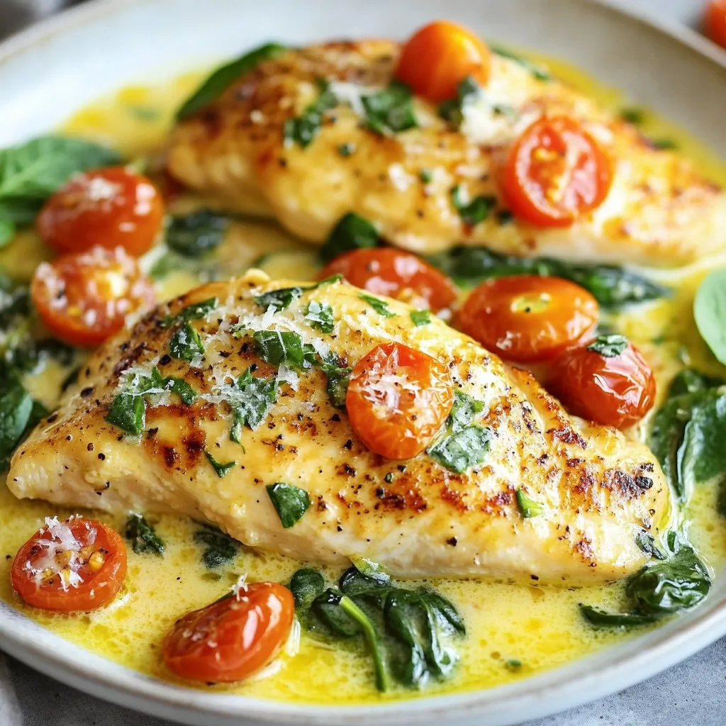 - 4 boneless, skinless chicken breasts - 1 tablespoon high-quality olive oil - 4 cloves fresh garlic, finely minced - 1 cup vibrant cherry tomatoes, halved - 1 cup fresh baby spinach leaves - 1 cup rich heavy cream - 1/2 cup finely grated Parmesan cheese - 1 teaspoon aromatic Italian seasoning blend - Salt and freshly cracked black pepper, to taste - Fresh basil leaves for garnish (optional) Gathering fresh ingredients makes this dish shine. I love using boneless, skinless chicken breasts. They cook evenly and stay juicy. High-quality olive oil adds richness to the dish. Fresh garlic gives a strong, lovely flavor. Cherry tomatoes bring sweetness and color. Spinach adds great nutrition and a pop of green. Heavy cream makes the sauce creamy and smooth. Grated Parmesan cheese gives a salty, nutty taste. For seasoning, I use an Italian blend. It adds depth without being overpowering. Salt and pepper enhance all the flavors. Fresh basil makes everything look bright and fresh. You can skip it, but I think it adds a nice touch. When you have these ingredients ready, you can start cooking. Don't forget to check for freshness. This step ensures your meal is tasty and healthy. {{ingredient_image_2}} 1. Preparing the skillet: Start with a large skillet. Heat 1 tablespoon of olive oil over medium-high heat. You want it hot enough to cook the chicken well. 2. Seasoning and cooking the chicken breasts: Take 4 boneless, skinless chicken breasts. Generously sprinkle salt and black pepper on both sides. Place the chicken in the hot skillet. Cook for 5-7 minutes on each side. Look for a nice golden-brown crust. Make sure the chicken is cooked through. Once done, remove the chicken and set it aside on a plate. 1. Sautéing garlic: In the same skillet, lower the heat a bit. Add 4 cloves of finely minced garlic. Sauté for about 30 seconds. Stir often to avoid burning the garlic. You want it fragrant, not bitter. 2. Adding tomatoes and Italian seasoning: Toss in 1 cup of halved cherry tomatoes. Add 1 teaspoon of Italian seasoning. Cook for 3-5 minutes. Stir occasionally until the tomatoes soften and release their juices. This forms a great flavor base. 1. Incorporating spinach: Add 1 cup of fresh baby spinach to the skillet. Cook for 1-2 minutes. Stir until the spinach wilts and becomes tender. 2. Making the creamy sauce: Lower the heat to a simmer. Pour in 1 cup of heavy cream. Sprinkle in 1/2 cup of grated Parmesan cheese. Stir continuously until the cheese melts. This creates a creamy sauce that is rich and flavorful. 3. Final heating and seasoning adjustments: Return the cooked chicken to the skillet. Nestle the chicken in the creamy sauce. Let it simmer for 2-3 minutes. This reheats the chicken and allows it to absorb the sauce's flavor. Taste the sauce and adjust with more salt and pepper if needed. - Best way to achieve a golden crust: Start with a hot skillet. Heat your olive oil over medium-high heat. Add the seasoned chicken breasts. Cook for 5-7 minutes on each side. This gets that lovely golden crust. Avoid moving the chicken too much while it cooks. Let it sit and brown nicely. - How to sauté garlic without burning: Reduce the heat to medium after removing the chicken. Add minced garlic to the same skillet. Stir it often for about 30 seconds. Watch closely, as garlic burns quickly. You want it fragrant, not brown. - Ensuring the sauce is creamy and well-blended: After adding heavy cream, lower the heat. Stir the mixture constantly. This keeps the cream smooth and helps the Parmesan melt evenly. - Adjusting thickness of the sauce: If your sauce is too thick, add a splash of chicken broth or more cream. For a thicker sauce, let it simmer a bit longer. This allows it to reduce and thicken. - Presentation tips: Serve the chicken on a nice plate. Pour the creamy sauce over the top. Add sautéed vegetables on the side. For a pop of color, sprinkle some extra Parmesan cheese. - Additional toppings for flavor enhancement: Fresh basil adds a bright touch. You can also sprinkle crushed red pepper for a bit of heat. Consider adding toasted pine nuts for crunch and flavor. Pro Tips Use Fresh Ingredients: Opt for fresh garlic, spinach, and cherry tomatoes for the best flavor. Fresh ingredients can elevate the dish and enhance its overall appeal. Control the Heat: When sautéing garlic, keep the heat at medium-low to prevent burning. Burnt garlic can impart a bitter taste to your dish. Adjust Creaminess: For a lighter sauce, substitute half of the heavy cream with chicken broth. This will still provide richness without being overly heavy. Perfect Pairings: Serve the creamy Tuscan chicken with a side of garlic bread or over pasta for a complete meal. The sauce is perfect for soaking up flavors! {{image_4}} You can swap chicken for shrimp or tofu. Shrimp cooks fast and adds a sweet taste. Tofu is great for a plant-based meal. Both options work well in this creamy sauce. For a dairy-free version, try using coconut cream or cashew cream. These options create a rich texture without the dairy. You still get that creamy feel in each bite. Add more herbs or spices to boost flavor. Fresh thyme or oregano can enhance the dish. You can also use smoked paprika for a deeper taste. These additions can make your meal pop. If you like heat, sprinkle in some red pepper flakes. This small change adds a nice kick. Just a pinch can make a big difference in flavor. Pair this dish with side items to complete your meal. Crusty bread is perfect for dipping into the creamy sauce. A fresh salad adds a crisp contrast. You can serve it over pasta like fettuccine or orzo. Quinoa or rice also works well. These options soak up the sauce and bring all the flavors together. Store your Creamy Garlic Tuscan Chicken in an airtight container. This keeps it fresh. Place the leftover chicken in the fridge. It will last for about three days. Make sure it cools down before sealing it. This helps prevent moisture buildup. To freeze, let the chicken cool completely first. Then, cut the chicken into pieces for easy use later. Place the chicken in a freezer-safe bag or container. Squeeze out as much air as possible. Label it with the date. It can be frozen for up to three months. When you're ready to eat, reheat the chicken gently. Use a skillet over low heat for best results. Add a splash of cream or broth to keep it moist. Stir often to avoid burning. This keeps the flavors rich and creamy. Enjoy your meal just as you did the first time! Can I make Creamy Garlic Tuscan Chicken ahead of time? Yes, you can make this dish ahead of time. Cook the chicken and sauce as directed. After cooking, let it cool. Store it in an airtight container in the fridge. When you are ready to eat, reheat it on the stove over low heat until warm. What can I serve with this dish? Creamy Garlic Tuscan Chicken pairs well with many sides. Consider serving it over pasta, like fettuccine. Crusty bread makes a great dipper for the creamy sauce. You can also add a fresh salad or steamed veggies to round out your meal. Is it possible to make this recipe gluten-free? Yes, you can make this dish gluten-free. Ensure that you use gluten-free pasta if you opt to serve it with pasta. Check the Italian seasoning and Parmesan cheese to confirm they are gluten-free. Can I substitute the heavy cream for a healthier alternative? Yes, you can use alternatives like coconut milk or a blend of milk and cornstarch. These options can provide a lighter sauce while still offering a creamy texture. Adjust the cooking times accordingly to achieve the right consistency. How long does it take to cook chicken breasts? It generally takes about 10 to 14 minutes to cook chicken breasts. Cook them for 5-7 minutes on each side. Ensure they are no longer pink inside for safety. What is the best way to store cooked chicken? Store cooked chicken in an airtight container in the fridge. It will last for 3 to 4 days. For longer storage, freeze it in a freezer-safe bag. Just make sure to label it with the date. The Creamy Garlic Tuscan Chicken recipe combines simple ingredients for a delicious meal. You learned about each component, from cooking the chicken to making a creamy sauce. I shared tips for perfecting techniques and variations to spice things up. Consider trying different proteins or sides to match your taste. This dish is not just a meal; it’s a chance to impress others with your cooking. Your kitchen can be a place of joy and creativity. Enjoy every bite, and happy cooking!