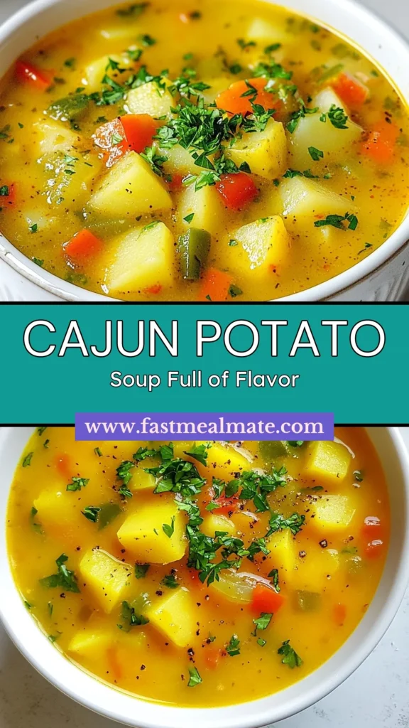 Warm up with this Spicy Potato Soup Recipe that's perfect for any occasion! Our Cajun Potato Delight combines creamy Cajun potatoes and fresh vegetables in a hearty vegetable broth soup. This easy potato soup recipe is packed with flavor from Cajun seasoning and smoked paprika, making it a family favorite. Try this comforting dish today and savor every bite! Save for later! #CajunCooking #PotatoSoup #EasyRecipes #ComfortFood