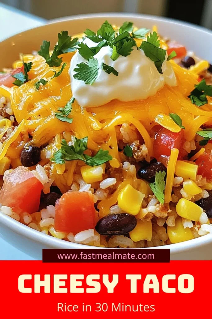 Looking for a delicious, easy dinner? Try this cheesy taco rice recipe that's perfect for busy nights! This one-pot taco meal combines long-grain rice, black beans, corn, and cheddar cheese for a satisfying Mexican rice dish. Whip up this easy cheesy rice in just 30 minutes and impress your family or guests. Save this tasty cheesy taco rice idea and make mealtime a breeze! #CheesyTacoRice #TacoRiceRecipe #EasyCheesyRice #OnePotMeal