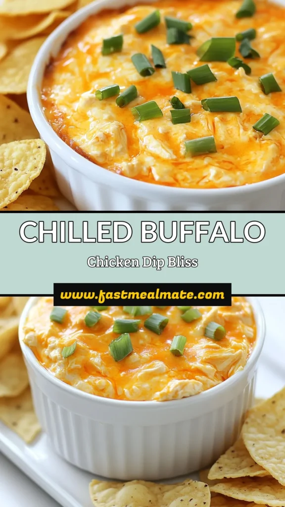 Looking for the perfect party starter? This Chilled Buffalo Chicken Dip is a creamy and easy party dip that will wow your guests! Our Buffalo Chicken Dip recipe features tender chicken, creamy cheese, and zesty buffalo sauce, making it the ultimate cold chicken dip. Serve it with tortilla chips or fresh veggies for a delicious appetizer. Save this recipe for your next gathering! #ChilledBuffaloChickenDip #BuffaloChickenDipRecipe #EasyPartyDip #CreamyBuffaloDip