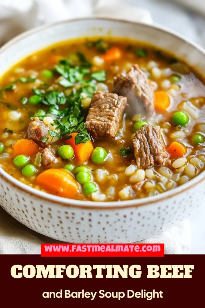 Indulge in this hearty beef barley soup, the ultimate comfort food soup for chilly nights. Packed with tender beef, nutritious vegetables, and wholesome barley, this easy beef recipe comes together in just over an hour. Perfect for family dinners, this homemade barley soup will warm your soul and satisfy your cravings. Click to discover the recipe and make it tonight! #BeefBarleySoup #ComfortFood #EasyBeefRecipes #HomemadeSoup