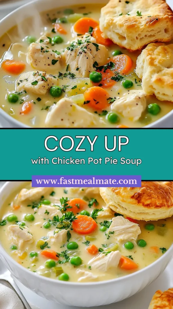 Warm up with this Hearty Chicken Pot Pie Soup! This comforting dish is perfect for chilly nights, combining tender chicken, veggies, and a creamy broth in a thick chicken soup that'll satisfy your cravings. Explore this easy chicken recipe that's sure to become a family favorite. Ready in just 40 minutes, it’s a must-try addition to your chicken soup recipes! Save this recipe for a cozy meal. #ComfortFood #ChickenSoupRecipes #EasyChickenRecipes #SoupLovers