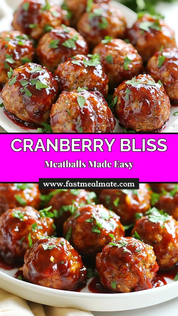Discover this easy cranberry meatballs recipe featuring succulent ground turkey meatballs drizzled with a savory cranberry sauce. Perfect for holiday appetizer recipes, these meatballs are a crowd-pleaser and a simple dinner solution. Bake them to perfection and immerse in the delicious glaze for a dish that will impress! Try these cranberry delight meatballs today. Save this recipe for your next festive gathering! #CranberryMeatballs #HolidayAppetizers #EasyDinner #GroundTurkeyMeatballs