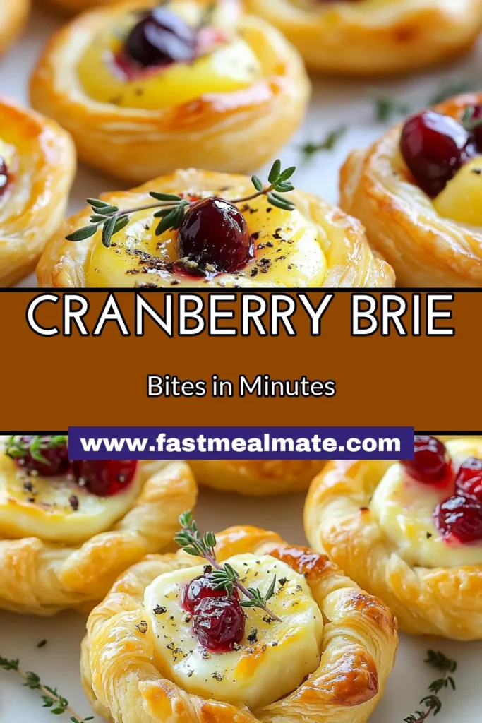 Indulge in these delicious Cranberry Brie Bites, the perfect Puff Pastry Appetizer for your next gathering. Made with creamy Brie cheese and a homemade cranberry sauce, these Easy Holiday Appetizers are sure to impress. With simple ingredients and a quick prep time, you'll love this Sweet Jam Recipe that is perfect for festive occasions. Try these Brie Cheese Recipes and wow your guests! Save this recipe for a tasty treat! #CranberryBrieBites #PuffPastryAppetizer #EasyHolidayAppetizers #BrieCheeseRecipes