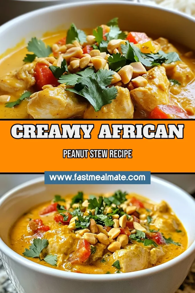 Discover the rich flavors of African Peanut Chicken Stew, a creamy peanut butter stew that brings together tender chicken thighs and vibrant spices for a delicious one-pot chicken stew. This healthy African recipe is perfect for weeknight dinners and will have your family asking for seconds. Ready in just 40 minutes, this chicken curry stew recipe is a must-try! Save it for your next meal! #AfricanPeanutChickenStew #OnePotChickenStew #HealthyAfricanRecipes #CreamyPeanutButterStew