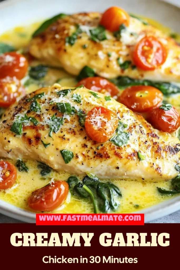 Indulge in this Creamy Garlic Tuscan Chicken, the ultimate Garlic Chicken Recipe for an Easy Chicken Dinner. Featuring juicy chicken breasts, vibrant cherry tomatoes, and fresh spinach, this Tuscan Chicken with Spinach is a dream come true for pasta lovers. Prepare your taste buds for a rich, creamy chicken pasta recipe that’s ready in just 30 minutes. Save this delicious recipe for your next family meal! #CreamyTuscanChicken #GarlicChickenRecipe #EasyChickenDinner #CreamyChickenPastaRecipe