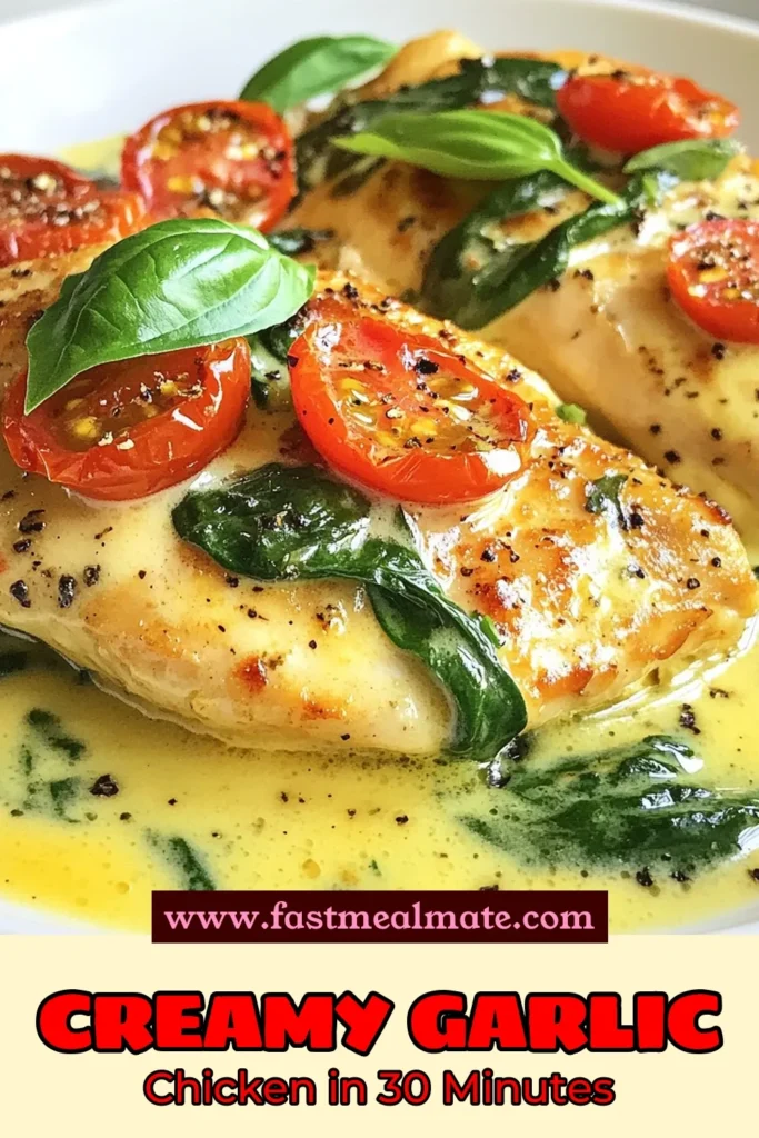 Discover the deliciousness of creamy garlic Tuscan chicken with this easy chicken recipe that transforms a simple weeknight into a savory one-pan chicken dinner. Tender chicken in a creamy sauce features vibrant cherry tomatoes and fresh spinach for a delightful Tuscan chicken with spinach that the whole family will love. Ready in just 30 minutes, this dish is perfect for effortless entertaining. Save this recipe now to enjoy a quick and impressive meal tonight! #CreamyGarlicTuscanChicken #EasyChickenRecipes #OnePanDinner #TuscanChickenWithSpinach