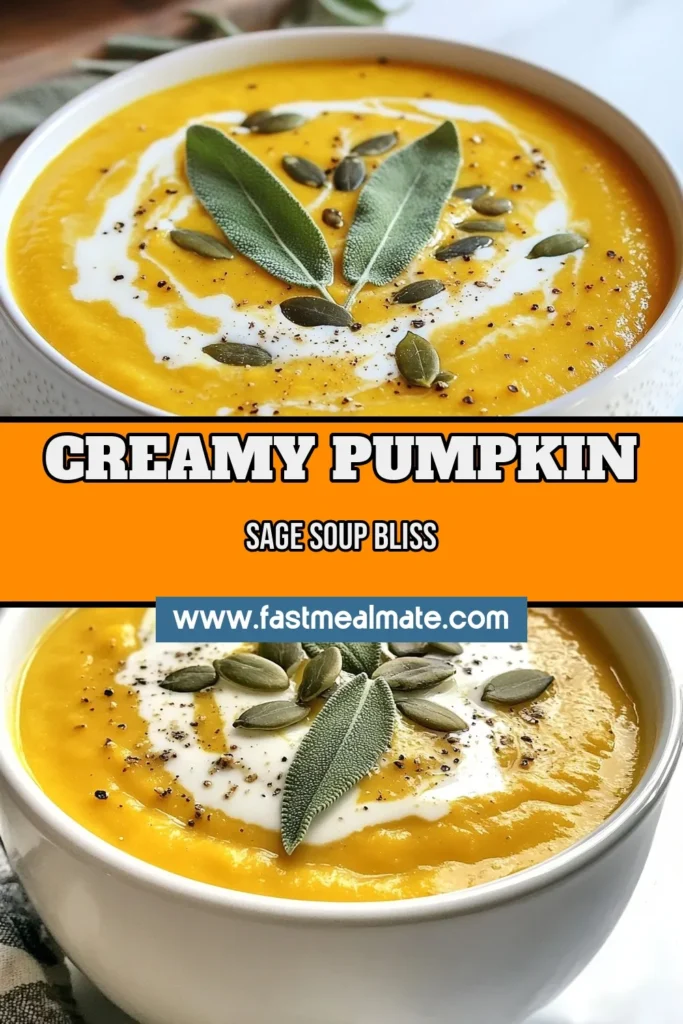 Warm up your autumn nights with our delicious pumpkin soup recipe, featuring a cozy blend of flavors in this vegan pumpkin soup. This creamy pumpkin soup is perfect for chilly days, enhanced with sage for an extra layer of taste. Whether you're seeking comforting autumn recipes or a delightful sage and pumpkin soup, this dish will be a hit! Save this recipe to enjoy the best cozy fall soups today! #PumpkinSoup #VeganRecipes #AutumnEats #CozySoups