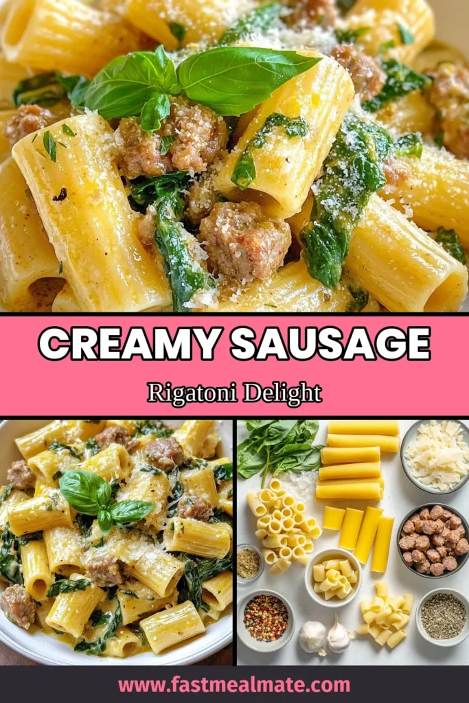 Indulge in this creamy spinach rigatoni recipe that combines savory Italian sausage and fresh spinach for a delightful twist on a classic. This easy rigatoni pasta recipe is perfect for weeknight dinners, delivering rich flavors in just one pot! Try this creamy pasta with spinach for a meal everyone will love. Don't miss out – save this one-pot sausage rigatoni recipe and impress your family tonight! #PastaRecipe #OnePotMeal #EasyDinner #ItalianCuisine