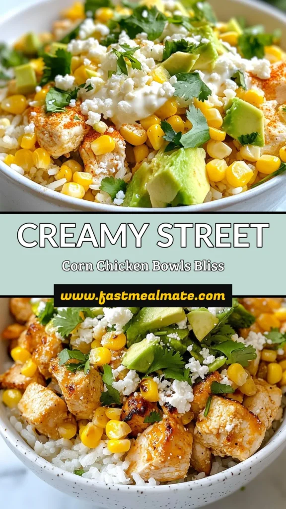 Discover the deliciousness of creamy street corn chicken bowls! This easy chicken dinner idea combines tender chicken and corn for a satisfying meal that your family will love. Perfect as a quick weeknight treat, this Mexican crema chicken bowl recipe is a must-try. Packed with flavor and topped with avocado and cotija cheese, it's the ultimate street corn recipe. Save and make this delightful chicken and corn recipe tonight! #ChickenDinner #StreetCorn #MexicanRecipes #EasyRecipes