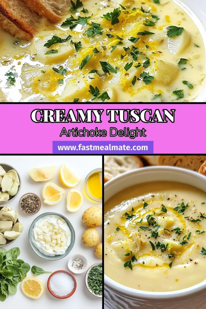 Delight in the fresh flavors of this creamy lemon artichoke soup! This easy Tuscan artichoke soup recipe combines artichoke hearts, Yukon gold potatoes, and spinach for a nourishing dish. Perfect for a cozy night, it's a dairy-free artichoke soup made with vegetable broth that everyone will love. Try this lemon-infused soup for a bright twist! Save this recipe for a comforting meal. #ArtichokeSoup #DairyFreeRecipes #EasySoup #TuscanSoup