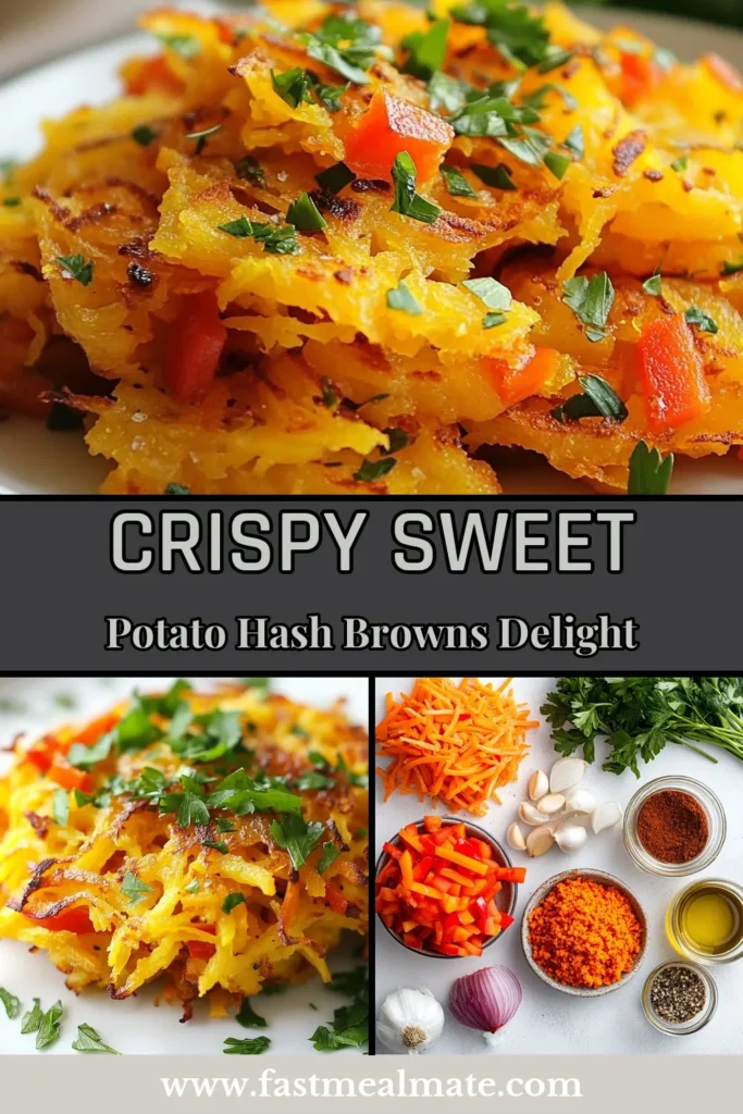 Get ready to indulge in crispy sweet potato hash browns, the perfect addition to your morning routine! This healthy hash brown recipe features sweet potatoes, onion, and bell pepper, making it one of the best sweet potato breakfast recipes around. Gluten-free and easy to whip up, it's a nutritious sweet potato side dish everyone will love. Save this recipe for a delightful start to your day! #SweetPotatoHashBrowns #HealthyBreakfast #GlutenFreeRecipes #EasySides