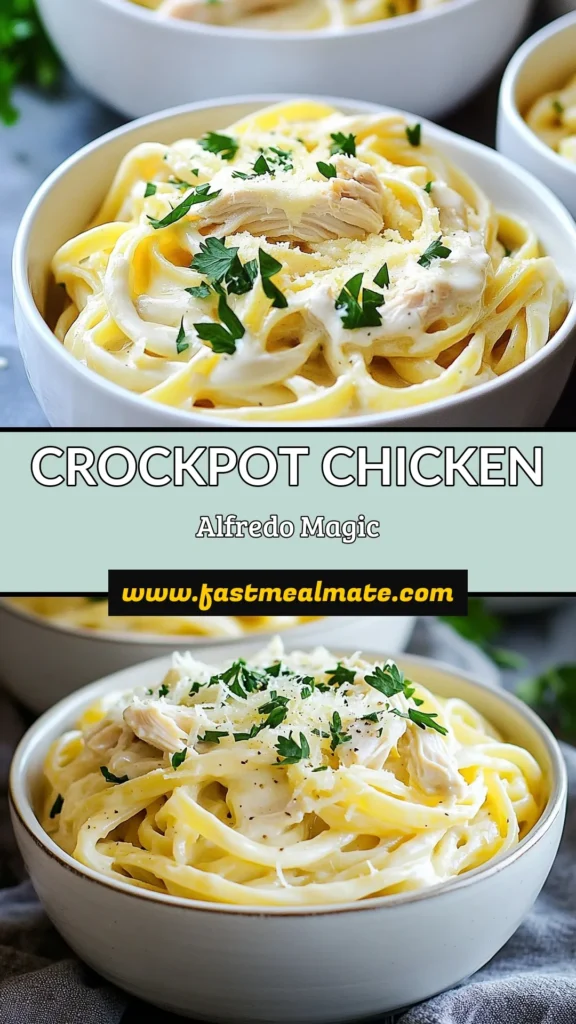 Savor the comfort of this Dump-and-Go Crockpot Chicken Alfredo, the ultimate easy chicken Alfredo recipe! With tender chicken and creamy fettuccine Alfredo, this slow cooker chicken dish will become a family favorite. Simply combine ingredients in the crockpot and let the magic happen! Perfect for busy nights—save and try this delicious meal tonight. #CrockpotChickenAlfredo #ChickenAlfredoRecipe #EasyChickenAlfredo #SlowCookerRecipes