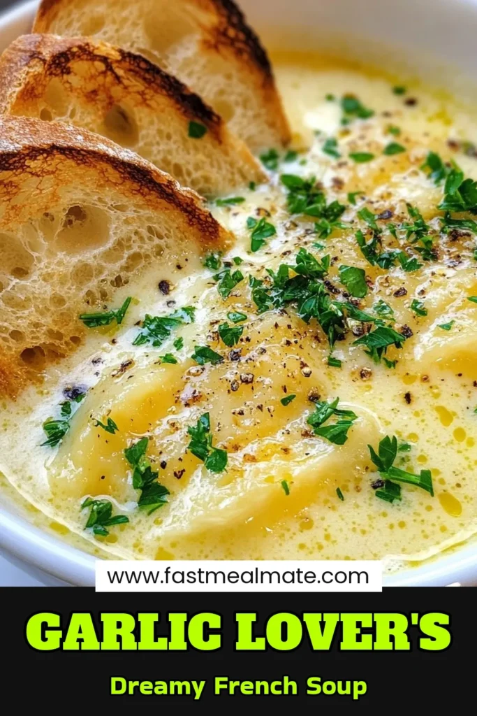 Discover the rich flavors of Rustic French Garlic Soup, a delightful garlic soup recipe that's both easy to make and incredibly satisfying. This vegetarian garlic soup features a perfect blend of garlic, fresh thyme, and Gruyère cheese, creating a comforting dish that's ideal for any occasion. Ready in just 40 minutes, this easy French soup pairs beautifully with crusty bread. Save and try this delicious recipe today! #GarlicSoupRecipe #EasyFrenchSoup #RusticFrenchGarlicSoup #VegetarianGarlicSoup