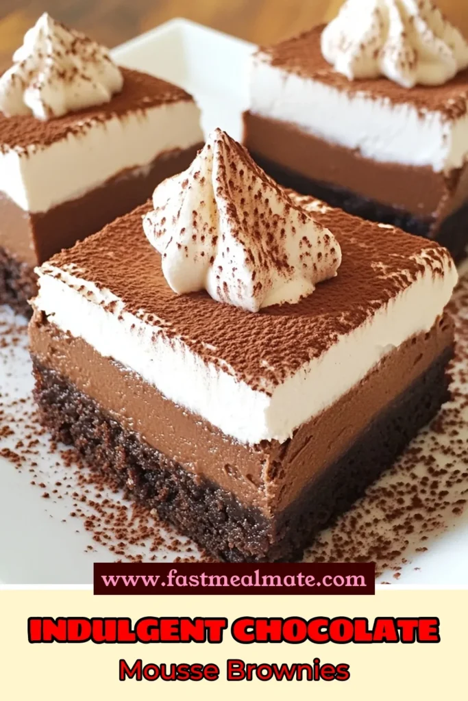 Indulge in these chocolate mousse brownies, a rich chocolate dessert that will leave everyone craving more! This decadent brownies recipe combines the fudgy goodness of homemade mousse brownies with a fluffy chocolate topping. Perfect for any occasion, this easy brownie recipe is sure to impress. Ready to elevate your dessert game? Try this delicious treat and share your creation! #ChocolateMousseBrownies #DecadentBrownies #RichChocolateDessert #EasyBrownieRecipe