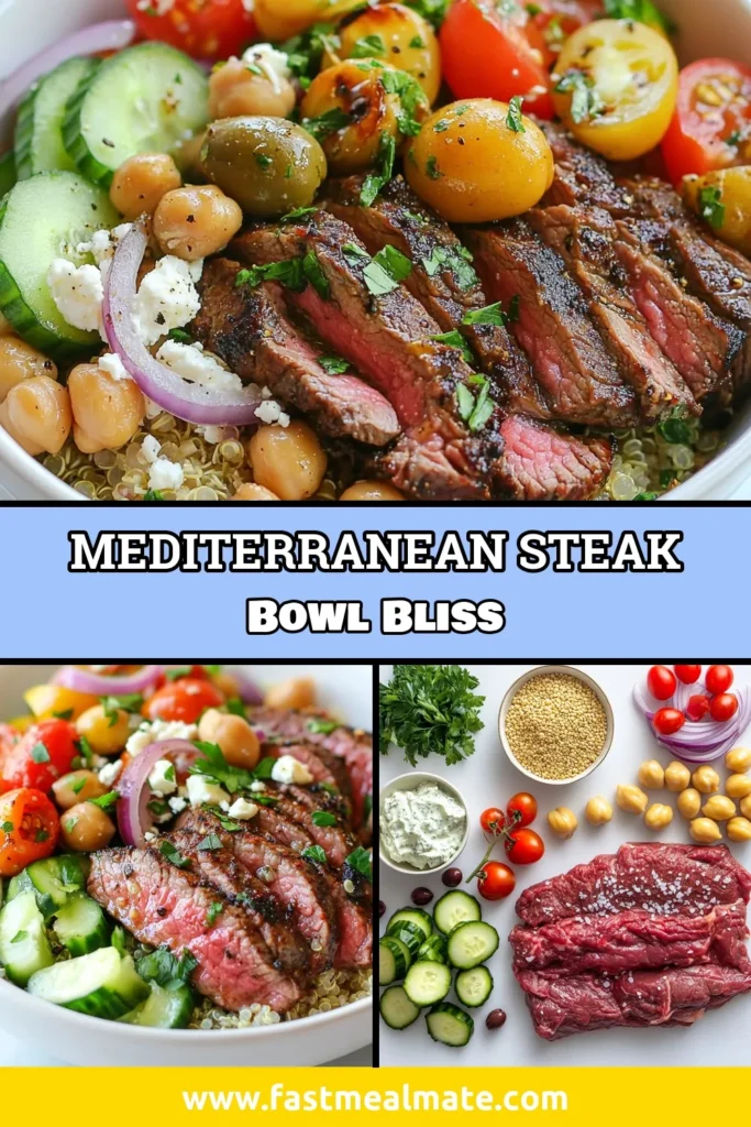 Elevate your meals with these Mediterranean steak bowls, featuring a delicious grilled flank steak recipe served over a healthy quinoa power bowl. Packed with vibrant veggies and feta, this dish is perfect for Mediterranean diet meals. Discover the best healthy steak recipes that are full of flavor! Ready to impress your taste buds? Save this Mediterranean steak bowl recipe for your next meal inspiration! #HealthyRecipes #MediterraneanDiet #SteakBowls #QuinoaPowerBowl