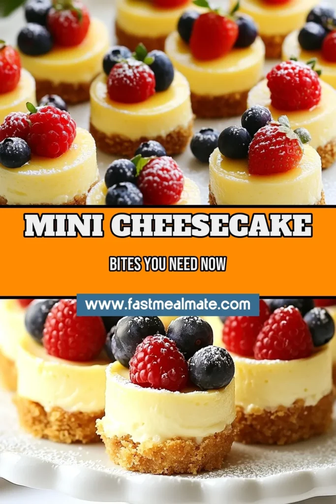 Satisfy your sweet tooth with these delightful mini cheesecake bites, a twist on the classic New York cheesecake recipe. Perfect as an easy dessert, these no-bake cheesecake bites are topped with fresh berries for a burst of flavor. Whether you're hosting a party or treating yourself, this dessert recipe with berries is sure to impress. Try it today and save your favorite for later! #MiniCheesecakeBites #CheesecakeRecipe #DessertRecipe #Berries