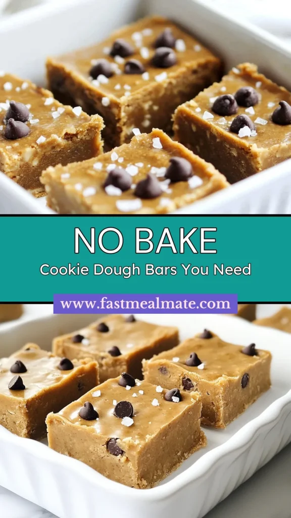 Indulge in these delicious no-bake cookie dough bars that are not only quick to make but also packed with protein! This healthy almond flour snacks recipe is gluten-free and perfect for satisfying your sweet tooth without the guilt. Enjoy this easy cookie dough bars recipe that’s great for meal prep or a nutritious treat. Try them today and elevate your dessert game! Save this recipe for later! #NobakeCookies #HealthyDesserts #ProteinSnacks #GlutenFreeTreats