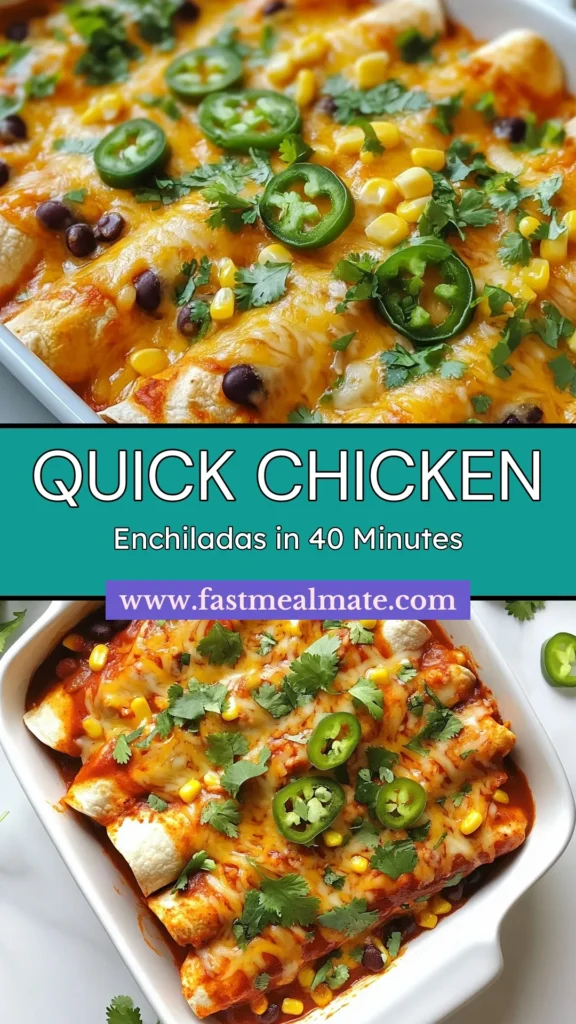 Looking for a quick chicken enchiladas recipe that packs a flavorful punch? These easy chicken enchiladas are perfect for busy weeknights and made with a delicious homemade enchilada sauce. Combining shredded chicken, black beans, corn, and topped with gooey cheese, these enchiladas are sure to impress. Try this recipe today and enjoy a tasty meal that’s ready in just 40 minutes! Save this for later! #ChickenEnchiladas #QuickEnchiladas #HomemadeSauce #FlavorfulMeals
