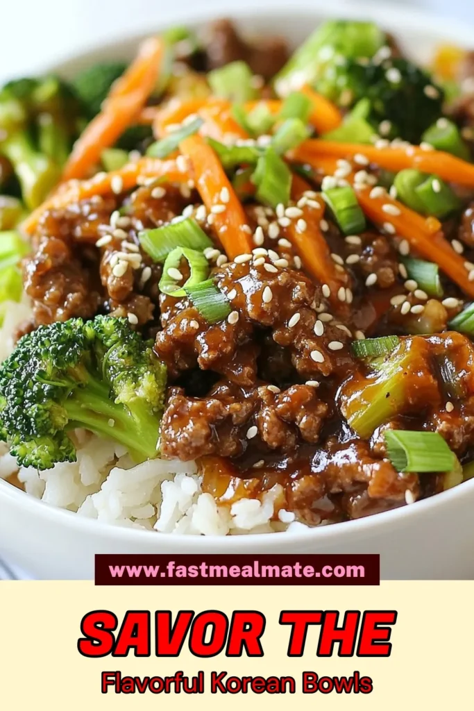 Craving a delicious dinner? Try these Korean beef bowls! This easy Korean recipe features savory ground beef, broccoli, and carrots over fluffy jasmine rice. Perfect for busy nights, these ground beef dinner ideas are healthy Asian meals the whole family will love. Don’t miss out on this beef bliss bowl recipe that’s bursting with flavor and quick to prepare! Save this recipe for your next meal! #KoreanBeefBowls #EasyKoreanRecipes #HealthyAsianMeals #GroundBeefDinnerIdeas