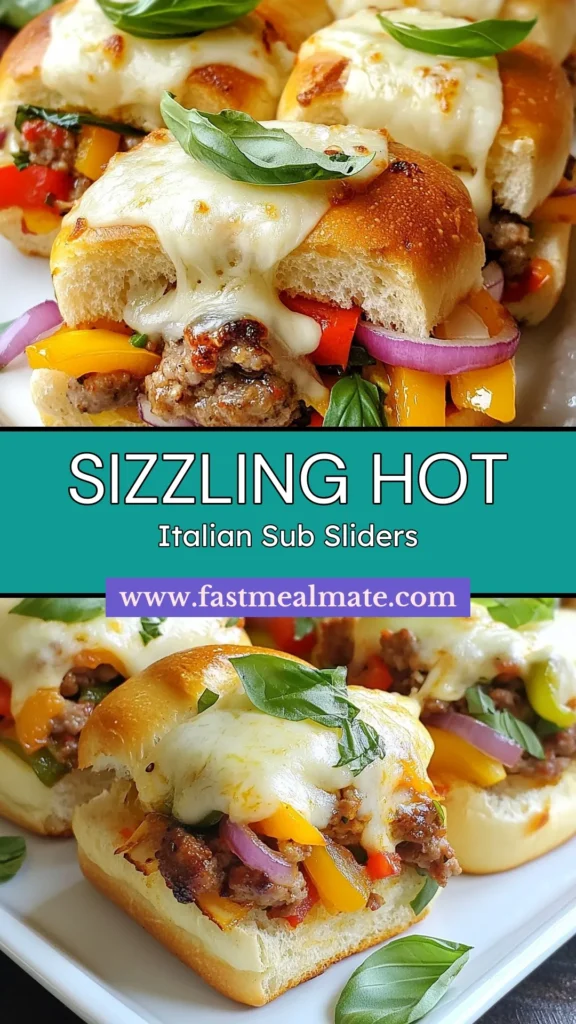 Indulge in the deliciousness of Hot Italian Sub Sliders, perfect for your next gathering! This Italian sausage sliders recipe features savory sausage, sautéed bell peppers, and melted cheese all nestled in baked slider sandwiches. It's an easy slider recipe that makes an ideal party food idea everyone will love! Try these sliders for a crowd-pleasing treat. Save this recipe for your next event! #HotItalianSubSliders #EasySliderRecipes #PartyFoodIdeas #BakedSliderSandwiches