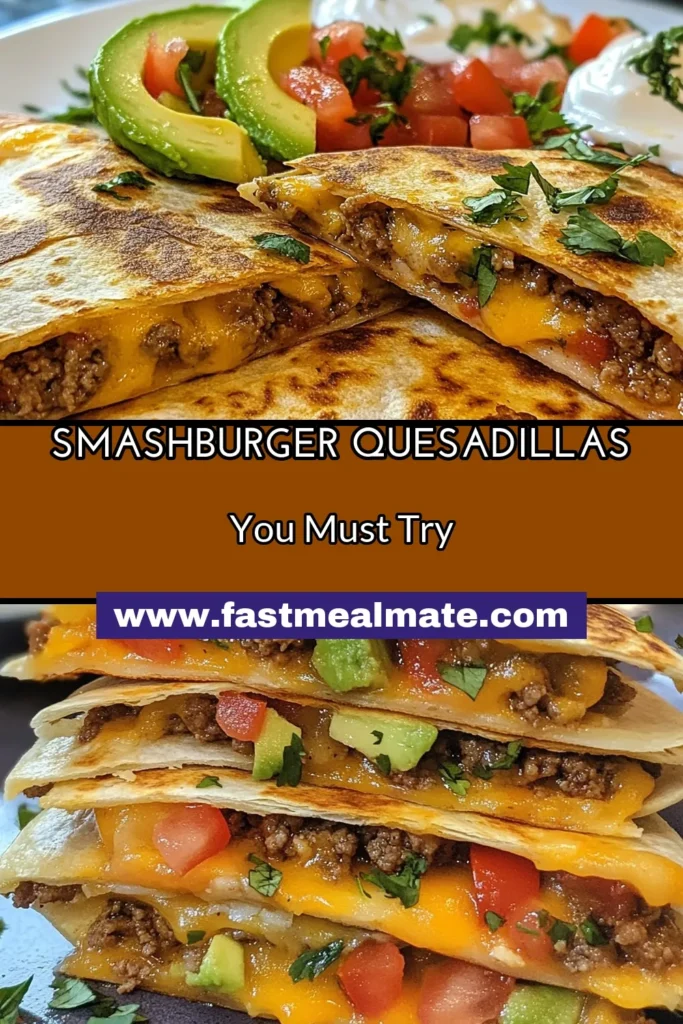 Satisfy your cravings with delicious Smashburger Quesadillas, a ground beef quesadilla recipe that’s all about cheesy goodness and comfort. This quick dinner idea blends perfectly seasoned beef with ooey-gooey cheese, making it a must-try Tex-Mex comfort food. Ready in just 30 minutes, these cheesy quesadilla with beef are perfect for any night. Save this recipe for your next meal! #SmashburgerQuesadillas #QuickDinnerIdeas #TexMex #ComfortFood