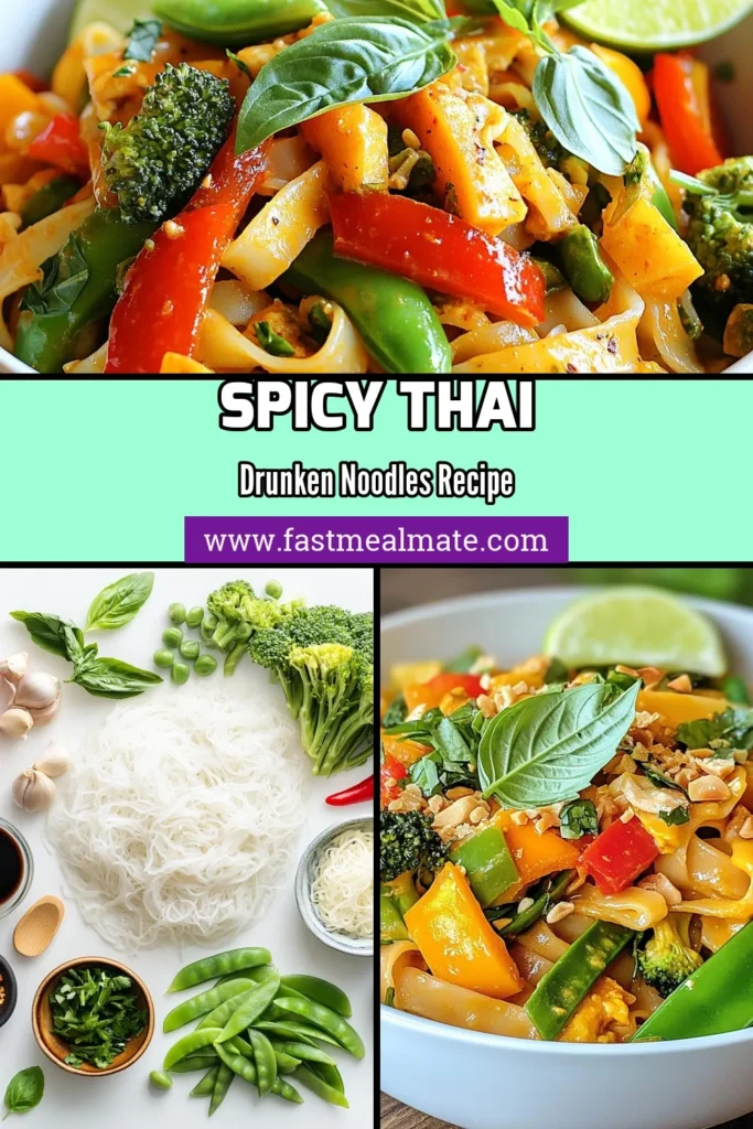 Discover this easy Thai Drunken Noodles recipe that will elevate your dinner game! Perfect for those craving quick Asian recipes, this stir-fried rice noodles dish features vibrant vegetables and bold flavors. Enjoy a vegetarian option by substituting oyster sauce with mushroom sauce. Ideal for busy weeknights, these Thai Drunken Noodles are a must-try! Save this recipe for your next meal! #ThaiDrunkenNoodles #EasyThaiNoodleDishes #QuickAsianRecipes #VegetarianNoodles