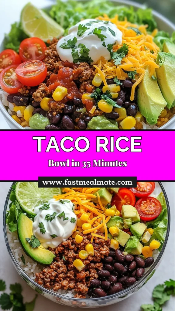 Looking for a delicious and filling meal? Try this easy taco rice bowl recipe featuring tender jasmine rice, seasoned ground beef, and a variety of fresh taco rice bowl toppings. Perfect for a quick weeknight dinner, this ground beef taco bowl is sure to please everyone. Customize it with your favorite ingredients and enjoy a satisfying jasmine rice taco bowl today. Click for full recipe and discover your new favorite meal! #TacoRiceBowl #EasyDinner #GroundBeefTaco #RiceBowlRecipes