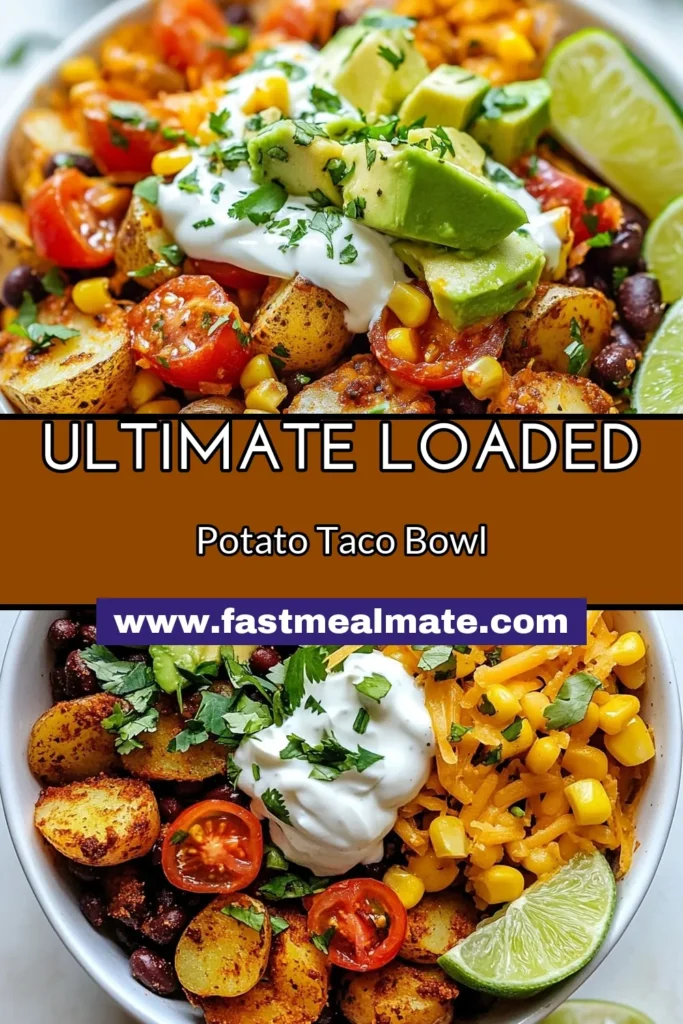 Discover the ultimate Loaded Potato Taco Bowl, a delightful twist on vegetarian taco recipes perfect for any healthy dinner idea. These baked potato bowls are easy to whip up and packed with flavor. With crispy potatoes, black beans, corn, and fresh toppings, this recipe will become a go-to in your kitchen. Perfect for meal prep or family dinners, give this easy taco bowl recipe a try tonight! Save for later! #LoadedPotatoTacoBowl #HealthyDinnerIdeas #VegetarianTacoRecipes #EasyTacoBowlRecipes