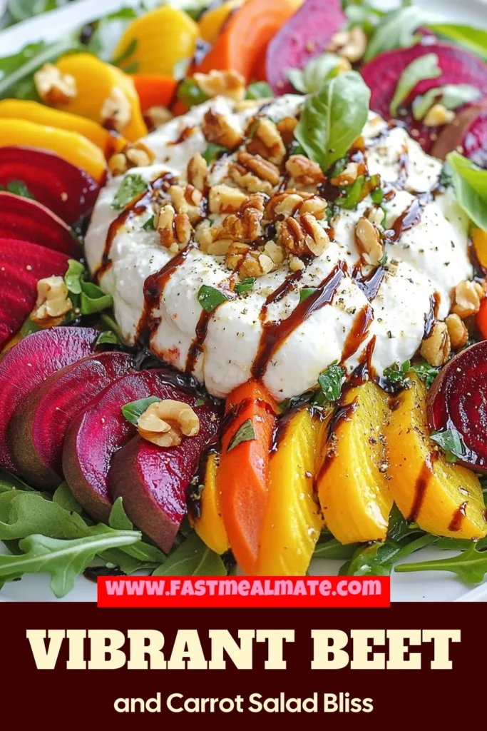 Discover the vibrant flavors of a Roasted Beet & Carrot Burrata Salad! This delicious roasted beet salad combines tender, sweet beets, crunchy carrot ribbons, and creamy burrata cheese, all atop a bed of fresh arugula. Drizzle with balsamic glaze for an irresistible touch. Perfect as a light meal or a stunning side dish, this carrot burrata salad is sure to impress! Save this recipe for your next gathering! #SaladRecipes #HealthyEating #Burrata #VegetarianDish