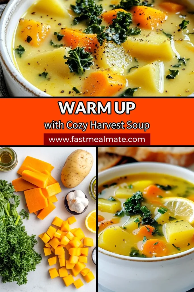 Warm up this season with our delicious Harvest Harmony Soup! This easy Fall Vegetable Soup combines butternut squash, carrots, and kale for a nutritious vegan vegetable soup that's perfect for chilly days. Enjoy this healthy kale soup recipe packed with flavor. Ideal as a cozy dinner or meal prep, this simple butternut squash soup recipe is a must-try. Save this recipe for your fall inspirations! #HarvestHarmonySoup #FallSoupRecipe #VeganVegetableSoup #HealthyKaleSoup