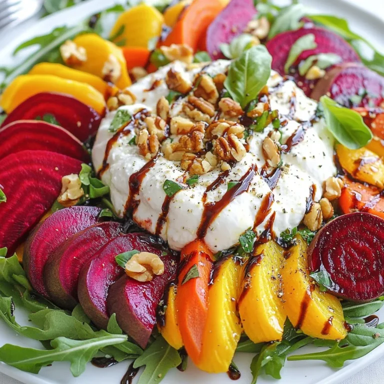 - 2 medium-sized beets, peeled and cut into wedges - 2 large carrots, peeled and sliced into thin ribbons - 2 tablespoons extra virgin olive oil - Salt and freshly ground black pepper to taste - 1 cup fresh arugula or baby spinach - 8 oz creamy burrata cheese - 1 tablespoon balsamic glaze for drizzling - 1 tablespoon chopped fresh basil leaves - Optional: 1 tablespoon chopped walnuts for added crunch This salad bursts with color and flavor. The beets add earthiness, while the carrots bring sweetness. The creamy burrata ties it all together. Using fresh ingredients makes a big difference. Choose bright, vivid beets for the best taste. You can use organic vegetables for extra quality. Fresh basil adds a fragrant touch. The walnuts give a nice crunch, but they are optional. This dish is fun to make and looks stunning on a plate. I love how it’s not just good for your taste buds but also for your eyes! {{ingredient_image_2}} First, preheat your oven to 400°F (200°C). This step is key for roasting. While the oven heats, peel the beets and cut them into wedges. Do the same for the carrots, but slice them into thin ribbons. Combine the beet wedges and carrot ribbons in a bowl. Drizzle with olive oil and sprinkle salt and pepper on top. Toss everything well to coat the veggies evenly. Next, line a baking sheet with parchment paper for easy cleanup. Spread the seasoned beets and carrots in a single layer on the sheet. This helps them roast evenly. Place the baking sheet in the oven. Roast for about 25-30 minutes. The beets should become tender and caramelized. Remember to turn them halfway through cooking for even browning. After roasting, take the baking sheet from the oven and let the veggies cool for a few minutes. Now, it’s time to assemble the salad. Start by creating a base with fresh arugula or baby spinach on a large serving platter. Then, arrange the warm roasted beets and carrot ribbons over the greens. Next, tear the burrata cheese into pieces and place them on top. Drizzle balsamic glaze over the salad for a sweet touch. Finally, sprinkle with fresh basil and walnuts for added flavor and crunch. Enjoy your vibrant and fresh salad! To get the best flavor, roast your beets and carrots evenly. Start by preheating your oven to 400°F (200°C). Cut the beets into wedges and the carrots into thin ribbons. Toss them in olive oil, salt, and pepper. Spread them on a baking sheet in a single layer. This helps them cook well. Roast for 25-30 minutes, turning them halfway. This step ensures they caramelize nicely and have a rich taste. After roasting, let them cool for a few minutes. This cooling time allows the flavors to blend. Serving your salad well makes it more appealing. Use a large white plate to show off the bright colors of the beets and carrots. Start with a bed of arugula or spinach. Layer the roasted veggies on top, making sure their colors pop. Tear the burrata cheese into pieces and scatter them over the salad. Drizzle balsamic glaze for a finishing touch. For added flair, garnish with fresh basil leaves and chopped walnuts. This adds texture and makes your dish look professional. To elevate the taste, think about pairing your salad with other flavors. A light citrus dressing can brighten it up. You could also add sliced avocado for creaminess. Mixing in nuts or seeds adds a nice crunch, too. Balancing textures is key. The creamy burrata, crunchy veggies, and peppery greens make every bite exciting. This variety keeps your taste buds happy and satisfied. Pro Tips Choose Fresh Produce: Opt for firm, vibrant beets and carrots to ensure maximum flavor and texture in your salad. Variations on Greens: Experiment with different greens like kale or mixed baby greens for added flavor and nutrition variations. Perfect Roasting: Keep an eye on your vegetables while roasting; they should be tender and slightly caramelized, but not burnt. Serve at Room Temperature: Allow the salad to sit for a few minutes before serving to let the flavors meld beautifully. {{image_4}} You can switch out beets and carrots for other seasonal veggies. Try sweet potatoes or squash for a tasty twist. If you want a dairy-free option, swap burrata for vegan cheese made from cashews or tofu. This keeps the creaminess without the dairy. For extra crunch, consider adding different nuts like pecans or almonds. Seeds like pumpkin or sunflower also work well. If you want more protein, toss in some chickpeas or black beans. They add texture and make the salad heartier. While balsamic glaze is delicious, other dressings can add new flavors. Try a honey mustard or tahini dressing for something different. You can also explore citrus-based dressings, like lemon vinaigrette, to brighten the salad. These options keep things fresh and exciting. To store leftovers, place the salad in an airtight container. Keep it in the refrigerator. It stays fresh for up to three days. To maintain freshness, separate the burrata from the salad. This prevents sogginess. Store the burrata in its own container with some olive oil to keep it moist. I do not recommend freezing this salad. Roasted vegetables can lose their texture when thawed. If you want to freeze roasted beets or carrots, do so in a single layer on a baking sheet first. Once frozen, store them in a freezer-safe bag for up to three months. To reheat, place them in a 350°F oven until warm. This helps keep some of the texture. After storage, serve the salad chilled or at room temperature. If the salad seems dry, drizzle a bit more balsamic glaze. For meal prep, pack individual servings in containers. This makes for quick lunches. You can also add protein, like grilled chicken or chickpeas, to make it a full meal. To make this salad vegan, swap burrata with a plant-based cheese. Use cashew cheese or tofu as good options. You can also skip the cheese and add more nuts or seeds for texture. The other ingredients, like beets and carrots, are vegan-friendly. Yes, you can prep parts of this salad ahead. Roast the beets and carrots a day prior. Store them in the fridge. Keep the greens and cheese separate until serving. This keeps everything fresh and crunchy. Drizzle the balsamic glaze just before serving for the best taste. Feel free to add or replace veggies! Try sweet potatoes or butternut squash for sweetness. Radishes add a nice crunch and bite. Seasonal vegetables like zucchini or asparagus work well too. Use whatever you love or have on hand! Look for burrata with a plump shape and smooth texture. Fresh burrata should feel soft and creamy. Check the sell-by date to ensure it's fresh. A good burrata will have a mild flavor, not too salty. Always buy from a trusted source for the best quality. You learned how to create a colorful, tasty salad with beets, carrots, and creamy burrata. Follow the steps for roasting and assembling your dish for the best flavors. Use my tips for perfect roasting and presentation. Don’t forget the options for variations to suit your taste, and the storage info ensures your leftovers stay fresh. Try these ideas, and enjoy your delicious salad!