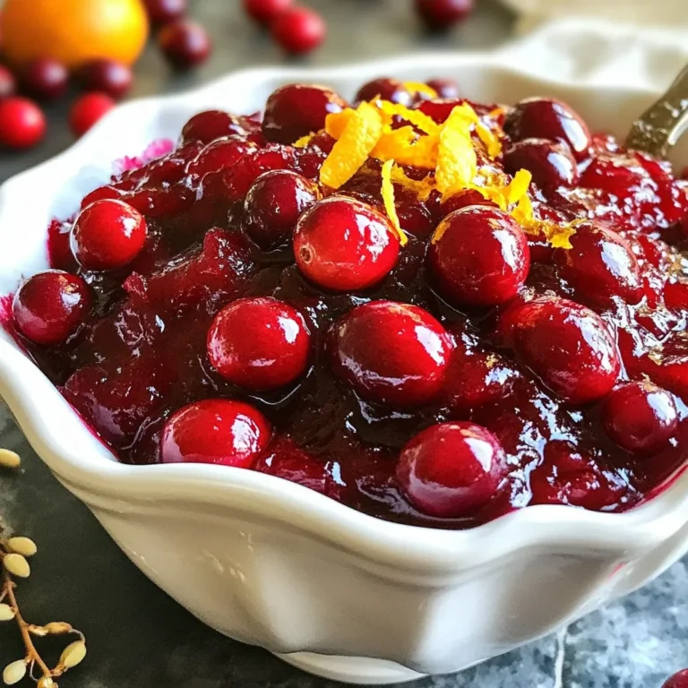 To make a delicious Honey Bourbon Cranberry Sauce, you will need the following ingredients: - 12 oz fresh cranberries, rinsed and sorted - 3/4 cup honey, preferably local - 1/2 cup freshly squeezed orange juice - 1 tablespoon zest from an orange - 1/4 cup water - 1 teaspoon ground cinnamon - 1/4 teaspoon cayenne pepper (adjust to taste for heat level) - 1/4 teaspoon salt - 1 teaspoon pure vanilla extract These ingredients work together to create a sweet and spicy sauce. The fresh cranberries give a nice tartness. Honey adds natural sweetness, while orange juice and zest bring a bright flavor. Ground cinnamon and cayenne pepper add warmth and depth. Each element enhances the others, creating a perfect balance. Using local honey supports your community and can offer unique flavors. Fresh orange juice is best for taste. If you want to spice it up, adjust the cayenne pepper to your liking. This sauce is more than just a side; it’s a tasty delight that pairs well with many dishes. {{ingredient_image_2}} - First, rinse 12 oz of fresh cranberries in cold water. - Sort through them and remove any that are soft or shriveled. - Next, juice two fresh oranges until you have 1/2 cup of juice. - Don’t forget to zest one of the oranges for added flavor! - Place a medium saucepan over medium heat. - Add the rinsed cranberries, honey, orange juice, and 1/4 cup water. - Sprinkle in 1/4 teaspoon of salt and stir the mixture gently. - Increase the heat slightly until it starts to simmer. - Let it bubble gently for 5-7 minutes. The cranberries will burst and create a tangy base. - Once the cranberries pop, stir in the orange zest, 1 teaspoon of ground cinnamon, and 1/4 teaspoon of cayenne pepper. - Add 1 teaspoon of pure vanilla extract and mix well. - Keep simmering for another 5-10 minutes. Stir often to avoid sticking. The sauce should thicken to your liking. - Remove the saucepan from heat and let the sauce cool at room temperature. - Allowing it to cool will enhance the flavor and richness. - Remember, the sauce thickens more as it cools. To know when the sauce is thick enough, look for a rich, glossy finish. The sauce should coat the back of a spoon. If you desire a thicker sauce, simmer it longer. Each simmer will deepen the flavor. You can adjust for personal taste by adding more honey for sweetness or more cayenne for heat. Remember, the sauce will thicken as it cools, so don’t worry if it seems thin at first. Garnish your sauce for a stunning look. A sprinkle of orange zest adds color and boosts flavor. Whole cranberries on top create a festive touch. Serve the sauce in a decorative bowl to impress your guests. A clear glass vessel highlights the vibrant color. This visual appeal enhances the dining experience. This sauce pairs well with roasted turkey and chicken. It also complements savory dishes like pork and duck. Use it as a spread on sandwiches or scones for a tasty twist. If you have leftovers, stir it into yogurt or oatmeal for breakfast. You can even mix it into cocktails for a sweet and spicy kick. Pro Tips Use Fresh Ingredients: Always opt for fresh cranberries and freshly squeezed orange juice to enhance the flavor of your sauce. Adjust the Spice Level: Feel free to modify the amount of cayenne pepper to suit your taste; start with a pinch and add more if desired. Thickening Tips: If the sauce doesn't thicken to your liking, simmer it a little longer, stirring frequently to avoid burning. Flavor Development: For the best flavor, make the sauce a day in advance and let it chill in the fridge overnight; the flavors will meld beautifully. {{image_4}} You can switch honey for maple syrup or agave nectar. Both add a unique taste. Maple syrup gives a rich, earthy flavor. Agave nectar is lighter and sweeter. Adjust the amount based on your preference. Want a milder sauce? Use less cayenne pepper. Start with just a pinch. For more heat, add more cayenne. Taste as you go to find your ideal level. You can also try adding fresh ginger for a different kick. Try adding apple or pomegranate juice for a twist. Apple juice makes it sweeter and lighter. Pomegranate juice adds a deeper, tangy flavor. Mix and match juices for fun new tastes. Experimenting with flavors keeps the sauce fresh and exciting. To keep your Honey Bourbon Cranberry Sauce fresh, use these tips: - Refrigerating: Let the sauce cool completely. Place it in an airtight container. Store it in the fridge. This keeps it safe and tasty. - Freezing: If you want to freeze it, use freezer-safe containers. Leave some space at the top. The sauce will expand as it freezes. It can last up to three months in the freezer. In the fridge, Honey Bourbon Cranberry Sauce lasts about one week. If you freeze it, it can last three months. Always check for any signs of spoilage before using. When it's time to enjoy your sauce again, here are the best ways to reheat it: - Stovetop: Pour the sauce into a saucepan. Heat it over low to medium heat. Stir it often to avoid burning. - Microwave: Place the sauce in a microwave-safe bowl. Heat in short bursts of 20-30 seconds. Stir in between to ensure even heating. These methods keep the flavors intact and the sauce smooth. Enjoy your delightful Honey Bourbon Cranberry Sauce! Yes, you can make Honey Bourbon Cranberry Sauce ahead of time. This sauce tastes even better after a day in the fridge. Make it up to three days before your holiday meal. Just store it in an airtight container. When ready to serve, you can warm it gently or enjoy it cold. Honey Bourbon Cranberry Sauce pairs well with many dishes. Here are some great options: - Roasted turkey or chicken - Ham - Stuffing - Cheese boards - Scones or biscuits This sauce adds a sweet and spicy touch to any plate. You can easily change the sweetness or spice. To make it sweeter, add more honey. Just a tablespoon at a time works well. For spice, adjust the cayenne pepper. Start with less if you want mild heat. Taste as you go to find your perfect balance. This blog post covered how to make Honey Bourbon Cranberry Sauce. We explored the key ingredients, simple steps, and helpful tips to enhance flavor and presentation. I shared variations, storage info, and answers to common questions. This sauce can lift any dish and customize it to fit your taste. Enjoy making it your own, and never hesitate to experiment! Happy cooking!