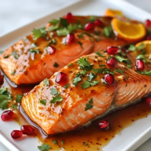 To make Pomegranate Orange Glazed Salmon, you need the following: - 4 salmon fillets (approximately 6 oz each) - 1 cup of pomegranate juice - 1/2 cup of fresh orange juice - 2 tablespoons of honey - 2 tablespoons of soy sauce (or tamari for gluten-free option) - 1 teaspoon of freshly grated ginger - 1 clove of garlic, finely minced - 1 tablespoon of olive oil - Sea salt and freshly cracked black pepper, to taste - 1/4 cup of pomegranate seeds (for garnish) - Fresh parsley, finely chopped (for garnish, optional) If you need alternatives, here are some ideas: - Salmon: You can use trout or Arctic char as a substitute. - Pomegranate juice: Cranberry juice works well if pomegranate isn’t available. - Honey: Maple syrup can replace honey for a vegan option. - Soy sauce: Coconut aminos offer a gluten-free and soy-free choice. When choosing salmon, look for these signs of freshness: - Color: The flesh should be bright and shiny, not dull. - Smell: Fresh salmon should have a mild scent, not a strong fishy smell. - Texture: The fillet should be firm and spring back when pressed. - Skin: If it has skin, it should be shiny and moist, not dry or slimy. Follow these tips to enjoy the best quality salmon for your dish. {{ingredient_image_2}} To make this dish, start with the glaze. In a small saucepan, mix together 1 cup of pomegranate juice, 1/2 cup of fresh orange juice, 2 tablespoons of honey, 2 tablespoons of soy sauce, 1 teaspoon of freshly grated ginger, and 1 clove of minced garlic. Whisk them together until well combined. Next, heat the saucepan on medium-high heat. Bring the mixture to a boil. Once it boils, reduce the heat to low. Let it simmer for about 15-20 minutes. Stir it now and then to prevent sticking. The glaze should thicken and reduce by half. While the glaze cooks, preheat your oven to 400°F (200°C). Line a baking sheet with parchment paper. Place your 4 salmon fillets skin-side down on the sheet. Drizzle 1 tablespoon of olive oil over them. Season with sea salt and black pepper to taste. Now, brush or spoon the thickened glaze generously over the top of each fillet. Save some glaze for later. Put the salmon in the oven and bake for 12-15 minutes. Halfway through, baste the fillets with the reserved glaze. The salmon is done when it flakes easily with a fork. After baking, take the salmon out and let it rest for a few minutes. This helps the juices settle. Just before serving, sprinkle pomegranate seeds on top for color and flavor. If you like, add chopped fresh parsley for a touch of freshness. - Making the glaze: 15-20 minutes - Preheating the oven: 5 minutes - Preparing the baking sheet and salmon: 5-10 minutes - Baking the salmon: 12-15 minutes - Resting the salmon: 2-3 minutes In total, you’ll spend about 35 minutes from start to finish. To cook salmon perfectly, use a timer when baking. Check the salmon at 12 minutes. If it flakes easily with a fork, it is done. If not, give it a couple more minutes. The salmon should be moist and tender, not dry. Another tip is to use a food thermometer. The salmon should reach an internal temperature of 145°F (63°C). This ensures it is safe to eat and packed with flavor. Basting with the glaze halfway through baking helps keep the salmon juicy and adds a great taste. When glazing salmon, use a thick glaze. A thick glaze sticks better and adds more flavor. Start by simmering your glaze until it reduces by half. This step is key. Brush the glaze onto the salmon just before baking. Baste halfway through cooking for extra flavor. Use a spoon or brush for even coverage. One mistake is not preheating the oven. Always preheat to 400°F for best results. Another common error is overcooking the salmon. Salmon should flake easily but still be moist. Keep an eye on the time; 12 to 15 minutes is all you need. Avoid skipping the resting time after baking; it helps the juices settle. Pomegranate orange glazed salmon pairs well with many sides. Try serving it with steamed green beans or roasted asparagus. A light salad with mixed greens and citrus dressing works great too. For a heartier meal, consider fluffy quinoa or wild rice. Add a sprinkle of pomegranate seeds on top for extra color and crunch. Pro Tips Fresh Ingredients: Always use fresh pomegranate juice and freshly squeezed orange juice for the best flavor in your glaze. Salmon Thickness: Adjust cooking time based on the thickness of your salmon fillets; thicker pieces may require a few extra minutes in the oven. Glaze Consistency: For a thicker glaze, allow it to reduce longer on the stovetop, but keep an eye on it to prevent burning. Garnishing: Add garnishes like pomegranate seeds and parsley just before serving to maintain their freshness and visual appeal. {{image_4}} You can swap ingredients to fit your taste. For example: - Use maple syrup instead of honey. - Try lemon juice instead of orange juice for a tangy twist. - Replace soy sauce with coconut aminos for a soy-free option. - Use garlic powder if you lack fresh garlic. These changes can create new flavors while keeping the dish simple. To change the flavor profile, think about what you enjoy: - For spice, add a pinch of cayenne pepper or red pepper flakes. - For extra sweetness, increase the honey or add brown sugar. - Add fresh herbs like dill or cilantro for bright notes. - A splash of balsamic vinegar can add depth and richness. These small tweaks can make your dish unique and exciting. You can cook salmon in different ways. Here are a few methods: - Grilling: Preheat your grill. Oil the grates. Cook salmon for about 6-8 minutes per side, basting with glaze. - Pan-searing: Heat a skillet over medium heat. Add oil, then place salmon skin-side down. Cook for 4-5 minutes, flip, and add glaze. Cook until done. Each method brings out different textures and flavors, so try them all! Storing leftover salmon is simple. First, let it cool to room temperature. Then, wrap the salmon tightly in plastic wrap or foil. Place it in an airtight container. Store it in the fridge for up to three days. The glaze may soften the fish, but it will still taste great. To reheat your salmon without drying it out, use the oven. Preheat it to 275°F (135°C). Place the salmon on a baking sheet. Cover it with foil to keep moisture in. Heat for about 15 minutes or until warm. You can also use a microwave, but be careful. Heat it in short bursts to avoid overcooking. If you want to freeze your salmon, wrap it well. Use plastic wrap and then foil. This helps prevent freezer burn. Cooked salmon can last in the freezer for up to three months. When you’re ready to eat it, thaw it in the fridge overnight before reheating. This keeps the texture nice and smooth. Yes, you can use frozen salmon. Just make sure to thaw it first. Place the salmon in the fridge overnight or run it under cold water for a quick thaw. This helps keep the fish fresh and tasty. You know the salmon is done when it flakes easily with a fork. The fish should look opaque and have a nice pink color in the center. Use a meat thermometer if you want to be sure. Aim for an internal temperature of 145°F (63°C). Salmon is packed with nutrients. It is high in omega-3 fatty acids, which are good for your heart. It also has protein, which helps build muscles. Salmon is rich in vitamins like B12 and D. Eating salmon can boost your mood and support brain health. Yes, you can make the glaze ahead of time. Just store it in the fridge for up to three days. When you are ready to use it, warm it up on the stove. This way, you save time when cooking the salmon. This blog post covered everything you need to know about Pomegranate Orange Glazed Salmon. We discussed the key ingredients and their alternatives, plus tips for selecting fresh salmon. I also shared step-by-step cooking instructions, time management tips, and how to ensure your salmon cooks perfectly. In the tips and tricks, I included best practices and common mistakes to avoid. Lastly, we explored variations, storage info, and answered FAQs to help you enjoy this dish fully. Enjoy preparing and savoring this flavorful salmon!