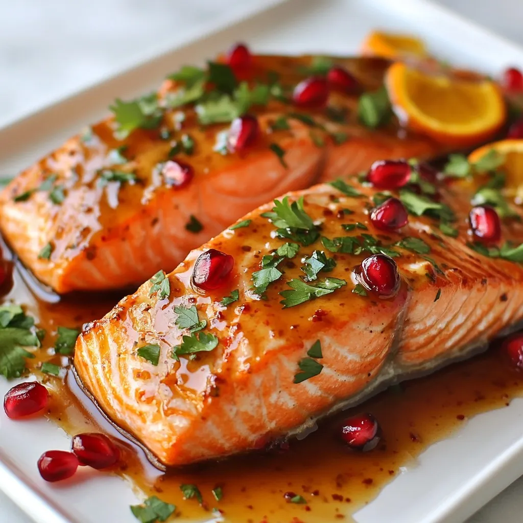 To make Pomegranate Orange Glazed Salmon, you need the following: - 4 salmon fillets (approximately 6 oz each) - 1 cup of pomegranate juice - 1/2 cup of fresh orange juice - 2 tablespoons of honey - 2 tablespoons of soy sauce (or tamari for gluten-free option) - 1 teaspoon of freshly grated ginger - 1 clove of garlic, finely minced - 1 tablespoon of olive oil - Sea salt and freshly cracked black pepper, to taste - 1/4 cup of pomegranate seeds (for garnish) - Fresh parsley, finely chopped (for garnish, optional) If you need alternatives, here are some ideas: - Salmon: You can use trout or Arctic char as a substitute. - Pomegranate juice: Cranberry juice works well if pomegranate isn’t available. - Honey: Maple syrup can replace honey for a vegan option. - Soy sauce: Coconut aminos offer a gluten-free and soy-free choice. When choosing salmon, look for these signs of freshness: - Color: The flesh should be bright and shiny, not dull. - Smell: Fresh salmon should have a mild scent, not a strong fishy smell. - Texture: The fillet should be firm and spring back when pressed. - Skin: If it has skin, it should be shiny and moist, not dry or slimy. Follow these tips to enjoy the best quality salmon for your dish. {{ingredient_image_2}} To make this dish, start with the glaze. In a small saucepan, mix together 1 cup of pomegranate juice, 1/2 cup of fresh orange juice, 2 tablespoons of honey, 2 tablespoons of soy sauce, 1 teaspoon of freshly grated ginger, and 1 clove of minced garlic. Whisk them together until well combined. Next, heat the saucepan on medium-high heat. Bring the mixture to a boil. Once it boils, reduce the heat to low. Let it simmer for about 15-20 minutes. Stir it now and then to prevent sticking. The glaze should thicken and reduce by half. While the glaze cooks, preheat your oven to 400°F (200°C). Line a baking sheet with parchment paper. Place your 4 salmon fillets skin-side down on the sheet. Drizzle 1 tablespoon of olive oil over them. Season with sea salt and black pepper to taste. Now, brush or spoon the thickened glaze generously over the top of each fillet. Save some glaze for later. Put the salmon in the oven and bake for 12-15 minutes. Halfway through, baste the fillets with the reserved glaze. The salmon is done when it flakes easily with a fork. After baking, take the salmon out and let it rest for a few minutes. This helps the juices settle. Just before serving, sprinkle pomegranate seeds on top for color and flavor. If you like, add chopped fresh parsley for a touch of freshness. - Making the glaze: 15-20 minutes - Preheating the oven: 5 minutes - Preparing the baking sheet and salmon: 5-10 minutes - Baking the salmon: 12-15 minutes - Resting the salmon: 2-3 minutes In total, you’ll spend about 35 minutes from start to finish. To cook salmon perfectly, use a timer when baking. Check the salmon at 12 minutes. If it flakes easily with a fork, it is done. If not, give it a couple more minutes. The salmon should be moist and tender, not dry. Another tip is to use a food thermometer. The salmon should reach an internal temperature of 145°F (63°C). This ensures it is safe to eat and packed with flavor. Basting with the glaze halfway through baking helps keep the salmon juicy and adds a great taste. When glazing salmon, use a thick glaze. A thick glaze sticks better and adds more flavor. Start by simmering your glaze until it reduces by half. This step is key. Brush the glaze onto the salmon just before baking. Baste halfway through cooking for extra flavor. Use a spoon or brush for even coverage. One mistake is not preheating the oven. Always preheat to 400°F for best results. Another common error is overcooking the salmon. Salmon should flake easily but still be moist. Keep an eye on the time; 12 to 15 minutes is all you need. Avoid skipping the resting time after baking; it helps the juices settle. Pomegranate orange glazed salmon pairs well with many sides. Try serving it with steamed green beans or roasted asparagus. A light salad with mixed greens and citrus dressing works great too. For a heartier meal, consider fluffy quinoa or wild rice. Add a sprinkle of pomegranate seeds on top for extra color and crunch. Pro Tips Fresh Ingredients: Always use fresh pomegranate juice and freshly squeezed orange juice for the best flavor in your glaze. Salmon Thickness: Adjust cooking time based on the thickness of your salmon fillets; thicker pieces may require a few extra minutes in the oven. Glaze Consistency: For a thicker glaze, allow it to reduce longer on the stovetop, but keep an eye on it to prevent burning. Garnishing: Add garnishes like pomegranate seeds and parsley just before serving to maintain their freshness and visual appeal. {{image_4}} You can swap ingredients to fit your taste. For example: - Use maple syrup instead of honey. - Try lemon juice instead of orange juice for a tangy twist. - Replace soy sauce with coconut aminos for a soy-free option. - Use garlic powder if you lack fresh garlic. These changes can create new flavors while keeping the dish simple. To change the flavor profile, think about what you enjoy: - For spice, add a pinch of cayenne pepper or red pepper flakes. - For extra sweetness, increase the honey or add brown sugar. - Add fresh herbs like dill or cilantro for bright notes. - A splash of balsamic vinegar can add depth and richness. These small tweaks can make your dish unique and exciting. You can cook salmon in different ways. Here are a few methods: - Grilling: Preheat your grill. Oil the grates. Cook salmon for about 6-8 minutes per side, basting with glaze. - Pan-searing: Heat a skillet over medium heat. Add oil, then place salmon skin-side down. Cook for 4-5 minutes, flip, and add glaze. Cook until done. Each method brings out different textures and flavors, so try them all! Storing leftover salmon is simple. First, let it cool to room temperature. Then, wrap the salmon tightly in plastic wrap or foil. Place it in an airtight container. Store it in the fridge for up to three days. The glaze may soften the fish, but it will still taste great. To reheat your salmon without drying it out, use the oven. Preheat it to 275°F (135°C). Place the salmon on a baking sheet. Cover it with foil to keep moisture in. Heat for about 15 minutes or until warm. You can also use a microwave, but be careful. Heat it in short bursts to avoid overcooking. If you want to freeze your salmon, wrap it well. Use plastic wrap and then foil. This helps prevent freezer burn. Cooked salmon can last in the freezer for up to three months. When you’re ready to eat it, thaw it in the fridge overnight before reheating. This keeps the texture nice and smooth. Yes, you can use frozen salmon. Just make sure to thaw it first. Place the salmon in the fridge overnight or run it under cold water for a quick thaw. This helps keep the fish fresh and tasty. You know the salmon is done when it flakes easily with a fork. The fish should look opaque and have a nice pink color in the center. Use a meat thermometer if you want to be sure. Aim for an internal temperature of 145°F (63°C). Salmon is packed with nutrients. It is high in omega-3 fatty acids, which are good for your heart. It also has protein, which helps build muscles. Salmon is rich in vitamins like B12 and D. Eating salmon can boost your mood and support brain health. Yes, you can make the glaze ahead of time. Just store it in the fridge for up to three days. When you are ready to use it, warm it up on the stove. This way, you save time when cooking the salmon. This blog post covered everything you need to know about Pomegranate Orange Glazed Salmon. We discussed the key ingredients and their alternatives, plus tips for selecting fresh salmon. I also shared step-by-step cooking instructions, time management tips, and how to ensure your salmon cooks perfectly. In the tips and tricks, I included best practices and common mistakes to avoid. Lastly, we explored variations, storage info, and answered FAQs to help you enjoy this dish fully. Enjoy preparing and savoring this flavorful salmon!