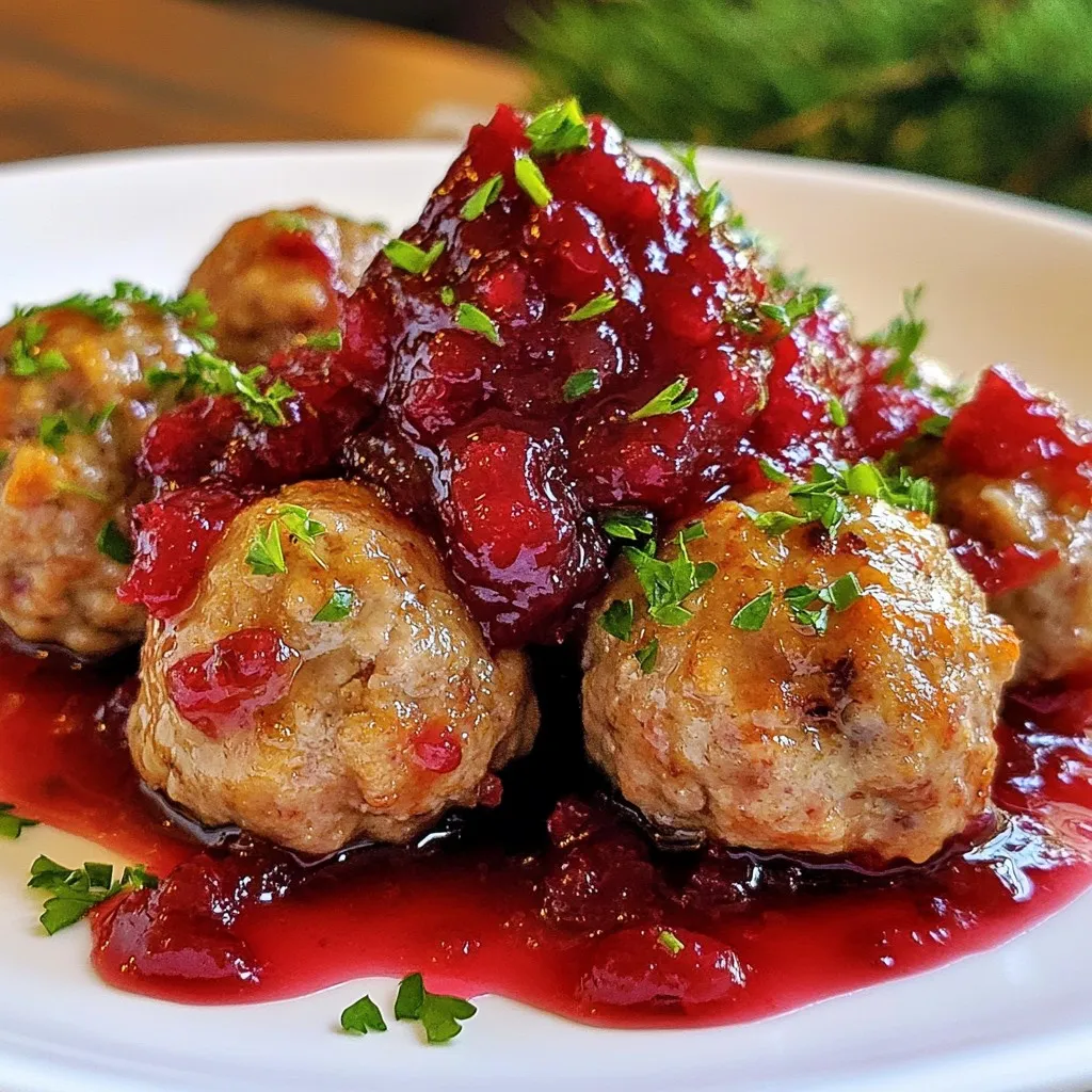 To make quick cranberry meatballs, gather these ingredients: - 1 pound ground turkey or beef - 1 cup fresh cranberries or 1 cup canned cranberry sauce - 1/2 cup breadcrumbs - 1/4 cup finely chopped onion - 1/4 cup finely chopped fresh parsley - 1 large egg - 2 tablespoons soy sauce - 1 tablespoon hoisin sauce - 1/2 teaspoon garlic powder - Salt and pepper to taste - 1 tablespoon olive oil for sautéing These ingredients create a perfect blend of flavors. Ground turkey or beef serves as the base. I love using fresh cranberries, but canned sauce works too. Breadcrumbs add texture, while onion and parsley give freshness. The egg acts as a binder, keeping everything together. Soy and hoisin sauces add depth and sweetness. Garlic powder, salt, and pepper round out the taste. Finally, olive oil helps achieve a nice golden color when frying the meatballs. Having everything ready before you start makes cooking easier. This way, you can focus on mixing and cooking without rushing. Enjoy the process, and feel free to get creative with the ingredients! {{ingredient_image_2}} 1. Preheat your oven to 400°F (200°C). This helps the meatballs cook evenly. 2. Line a baking sheet with parchment paper. It makes cleanup easy. 3. In a large bowl, mix together the ground turkey or beef, breadcrumbs, chopped onion, parsley, egg, soy sauce, hoisin sauce, garlic powder, and a pinch of salt and pepper. Use your hands or a spoon to blend these well. 4. Shape the mixture into small meatballs, about 1 inch in size. Place them on the baking sheet with space between each one. 1. Heat olive oil in a skillet over medium heat. 2. When the oil is hot, add meatballs in small batches. Sear them for 5-6 minutes, turning often, until they are brown all over. 3. For the cranberry sauce, if you use fresh cranberries, combine them with a splash of water in a small pot. Cook over medium heat for about 10 minutes until they burst. If you prefer canned, just warm it on low heat for a few minutes, stirring now and then. 1. Once the meatballs are brown, place the baking sheet in the oven. Bake for 10-12 minutes until cooked through. The inside should reach 165°F (75°C). 2. After baking, take the meatballs out of the oven. Pour the cranberry sauce over them. Let them simmer in the sauce for 2-3 minutes. This helps mix the flavors and gives a nice glaze. 3. Serve the meatballs warm. You can sprinkle more chopped parsley on top for a fresh look. Enjoy! To get the best texture, you need to control moisture. Adding breadcrumbs helps absorb excess liquid. Start with 1/2 cup of breadcrumbs. If your mixture feels too wet, add more breadcrumbs, a tablespoon at a time. This will help form meatballs that hold together well. Cooking meatballs evenly is key to a great dish. Make sure they are all the same size, about 1 inch in diameter. This way, they cook at the same rate. If you crowd them in the pan, they will steam instead of brown. Cook in small batches for best results. Seasoning can elevate your meatballs. Besides salt and pepper, consider adding spices like paprika or cumin for warmth. Fresh herbs, like basil or thyme, can also add a nice touch. Add-ins are a fun way to boost flavor. You can mix in grated cheese, chopped bell peppers, or even finely diced mushrooms. These ingredients add depth and make each bite exciting. For serving, arrange meatballs on a large platter. Drizzle cranberry sauce over them for a bright look. You can also serve them with toothpicks for easy eating. Garnishing adds a pop of color. A sprinkle of fresh parsley on top makes the dish vibrant. You can even add a few whole cranberries for a festive touch. This makes your meatballs not just tasty, but also beautiful! Pro Tips Use Fresh Cranberries for Bold Flavor: Fresh cranberries will provide a tartness that complements the meatballs beautifully. If using canned, opt for a low-sugar option to maintain balance. Don’t Skip the Searing: Searing the meatballs before baking adds a rich depth of flavor and a delightful texture, ensuring they are crispy on the outside and tender inside. Make Ahead for Convenience: You can prepare the meatball mixture and shape them a day in advance. Store them in the fridge, and simply bake when you're ready to serve. Experiment with Sauces: While cranberry sauce is a classic pairing, feel free to try different sauces like BBQ or a sweet chili glaze to give the meatballs a unique twist. {{image_4}} You can switch ground turkey for beef. Both work well in this recipe. If you prefer turkey, it is leaner. Beef adds a richer flavor. You can also change the sauces. Try teriyaki sauce instead of hoisin for a sweet twist. If you want a kick, add chili sauce. Fresh herbs can also change the taste. Use cilantro or basil instead of parsley for a fresh spin. These meatballs can fit many cuisines. For a Mediterranean touch, add oregano and serve with tzatziki. If you want an Asian flair, mix in sesame oil and serve over rice. You can make meatball sliders too. Just place them in small buns and add some sauce. Serve them as appetizers on toothpicks for easy eating. They are perfect for any party or gathering. If you have leftover meatballs, get creative. You can add them to pasta dishes or salads. They also work well in sandwiches. For breakfast, chop them up and mix with eggs. A meatball soup can be a warm, comforting dish. Just add broth and veggies. The options are endless, making these meatballs a great choice for meal prep. To keep your quick cranberry meatballs fresh, follow these tips: - Use airtight containers: Store leftover meatballs in airtight containers. This helps keep them moist. - Refrigeration: Place them in the fridge. They stay good for about 3-4 days. - Freezing: For longer storage, freeze the meatballs. They last up to 3 months. - Label containers: Write the date on each container. This helps you know when to use them. When it's time to enjoy your meatballs again, here’s how to reheat them: - Oven method: Preheat the oven to 350°F (175°C). Place meatballs on a baking sheet and cover with foil. Heat for about 15-20 minutes. - Stovetop method: Heat a skillet over medium heat. Add a splash of water or broth, then add the meatballs. Cover and heat for 5-10 minutes. - Microwave method: Place meatballs in a microwave-safe dish. Add a little water, cover, and heat for 1-2 minutes. To keep moisture, always cover your meatballs while reheating. This keeps them juicy and tender. Quick cranberry meatballs last about 3 to 4 days in the fridge. Store them in an airtight container. This keeps them fresh and tasty for your next meal. Yes, you can use frozen cranberries. Just thaw them first before cooking. This helps them break down and create a nice sauce. Cranberry meatballs pair well with several sides. You can serve them with rice, mashed potatoes, or even a fresh salad. They also make a great appetizer with toothpicks. Absolutely! You can prepare the meatballs and sauce ahead of time. Just store them separately in the fridge. When you're ready to eat, bake the meatballs and heat the sauce. Yes, you can use different meats. Ground chicken or pork works well too. Each type will give a unique flavor to your meatballs. This blog post covered how to make delicious cranberry meatballs. You learned the key ingredients, step-by-step instructions, and tips for perfecting flavor and texture. Variations and serving ideas help you get creative with this dish. Remember, you can use leftovers in fun ways and store them properly for later. Enjoy making these tasty meatballs, and feel free to experiment with different flavors. Your kitchen will be full of delightful aromas, making meals both easy and enjoyable.