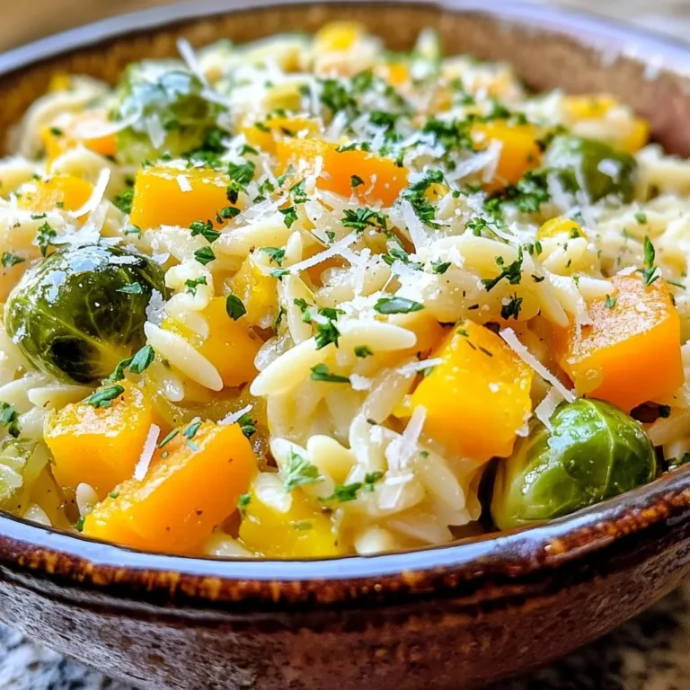 - 1 cup orzo pasta - 2 tablespoons extra-virgin olive oil - 1 medium onion, diced - 2 cloves garlic, minced - 2 cups butternut squash, peeled and cut into 1-inch cubes - 1 cup Brussels sprouts, trimmed and halved - 1 cup carrots, sliced into rounds - 1 teaspoon dried thyme - 1 teaspoon dried rosemary - 4 cups vegetable broth - 1 cup kale, chopped, stems removed - Salt and freshly ground black pepper to taste The orzo pasta is the star here. It cooks quickly and absorbs flavors well. The butternut squash adds sweetness and creaminess as it cooks. Brussels sprouts bring a nice crunch, while carrots add color and earthiness. Onions and garlic provide a strong base of flavor. The dried thyme and rosemary give the dish an aromatic touch. - 1/4 cup grated Parmesan cheese (optional, for serving) - Chopped fresh parsley for garnishing Parmesan cheese adds a rich, salty note. Fresh parsley brightens the dish and makes it look pretty. Feel free to mix and match these ingredients based on what you have. Using fresh vegetables gives the best taste. They have more nutrients and flavor. However, frozen vegetables are a great time-saver and still healthy. If you use frozen, just add them straight to the pot without thawing. Keep in mind, they may release extra water, so adjust cooking time if needed. Choosing the right ingredients helps you create a tasty, satisfying dish. Enjoy making this orzo! {{ingredient_image_2}} Start by heating 2 tablespoons of extra-virgin olive oil in a large pot over medium heat. Once the oil is hot, add 1 medium diced onion. Sauté the onion for about 4 minutes. You want it to become soft and translucent. Next, add 2 cloves of minced garlic. Cook this for 1 more minute, just until the garlic smells good. Be careful not to burn the garlic; it can turn bitter. Now it’s time for the veggies. Add 2 cups of cubed butternut squash, 1 cup of halved Brussels sprouts, and 1 cup of sliced carrots to the pot. Sauté these for 5 to 7 minutes. Stir them often. You want them to soften but still have some crunch. After that, sprinkle in 1 teaspoon of dried thyme and 1 teaspoon of dried rosemary. Stir well to coat the veggies with the herbs. Next, carefully pour in 4 cups of vegetable broth. Bring the mixture to a rolling boil. Once boiling, stir in 1 cup of orzo pasta. Lower the heat to medium-low and cover the pot. Let the orzo cook for about 10 to 12 minutes. Stir it every few minutes to keep it from sticking. The pasta should be al dente and most of the liquid absorbed. After that, fold in 1 cup of chopped kale. Let it wilt for about 2 to 3 minutes. Season the dish with salt and freshly ground black pepper to taste. If you like, you can mix in 1/4 cup of grated Parmesan cheese. This adds creaminess. Finally, let the pot sit off the heat for a few minutes before serving. When making One-Pot Fall Vegetable Orzo, avoid overcooking the vegetables. They should be tender but still have some crunch. If you skip the sautéing step for the onions and garlic, you might miss out on depth of flavor. Be sure to stir the orzo often while it cooks. This helps prevent it from sticking to the pot. Also, don’t forget to taste as you go. This way, you can adjust the seasoning as needed. Start with the basics: salt and pepper. Add small amounts, taste, and adjust as needed. If you want more herbal notes, try adding a pinch of dried thyme or rosemary. For a bit of heat, consider a dash of crushed red pepper flakes. You can also mix in lemon juice for brightness. Just remember, it’s easier to add than to take away, so go slow. This recipe is perfect for using up leftover veggies. Chop any cooked or raw vegetables you have on hand. Just remember to adjust cooking times. For example, cooked veggies need less time than raw ones. If you have soft vegetables like spinach or zucchini, add them in the last few minutes of cooking. This keeps them fresh and bright. Pro Tips Use Fresh Herbs: Fresh herbs like thyme and rosemary can elevate the flavor profile of your dish. If available, substitute dried herbs with fresh ones for a more vibrant taste. Perfectly Cooked Orzo: To achieve the perfect al dente texture, keep an eye on the orzo during the last few minutes of cooking. Stir occasionally and taste to ensure it doesn't overcook. Customize Your Vegetables: Feel free to swap in your favorite seasonal vegetables. Sweet potatoes, zucchini, or spinach can also work wonderfully in this orzo dish. Make It Creamy: For an extra creamy texture, add a splash of heavy cream or a dollop of ricotta cheese before serving. This adds richness and enhances the overall flavor. {{image_4}} You can swap out vegetables based on what is fresh and in season. Try using: - Sweet potatoes for a sweeter taste - Parsnips for a nutty flavor - Zucchini for a light touch - Spinach instead of kale for a different green These swaps keep the dish exciting and fun! To make this dish vegan, you can easily switch a few ingredients. Replace the Parmesan cheese with: - Nutritional yeast for a cheesy flavor - A vegan cheese option if you prefer For the broth, ensure you choose a vegetable broth that is labeled vegan. These small changes keep your meal plant-based while still being delicious. This orzo dish pairs well with many sides. Here are some ideas: - A light green salad with lemon vinaigrette - Crusty bread for dipping - Roasted vegetables for extra flavor - A glass of white wine adds a nice touch These options enhance your meal and make it feel special! After enjoying your one-pot fall vegetable orzo, store leftovers in an airtight container. Make sure it cools down first. This helps keep flavors fresh. You can keep it in the fridge for up to three days. If you want to enjoy it later, freezing is a good option. When you're ready to reheat, use a pot or a microwave. If using a pot, add a splash of vegetable broth. Stir it while warming to keep it moist. Heat until warm, but don’t overdo it. If using a microwave, cover it with a lid to keep moisture in. Heat in short bursts, stirring in between. To freeze, let the orzo cool completely before placing it in a freezer-safe bag. Remove as much air as you can. This helps prevent freezer burn. Label the bag with the date. You can freeze it for up to three months. When ready to eat, thaw in the fridge overnight before reheating. Yes, you can use gluten-free orzo for this recipe. It cooks well and tastes great. Just follow the cooking time on the package. The flavors of the dish will still shine through. I often use gluten-free pasta in my cooking, and it works just as well. One-Pot Fall Vegetable Orzo lasts about three to four days in the fridge. Store it in an airtight container to keep it fresh. When you reheat it, add a splash of broth or water. This helps revive the pasta's texture and flavor. Absolutely! You can add protein like cooked chicken, turkey, or beans. If you want a vegetarian option, chickpeas or lentils work well. Just mix them in when you add the kale. This makes the dish heartier and more filling. This post covered everything you need to make One-Pot Fall Vegetable Orzo. We explored essential and optional ingredients, offered tips for cooking, and shared common mistakes to avoid. You learned how to adjust flavors and even how to use leftover veggies. Remember, variations can bring unique twists to the dish. Proper storage and reheating ensure you enjoy every bite. Enjoy creating this comforting meal, and don't hesitate to experiment to make it your own. Your kitchen can be a place of delicious fun!
