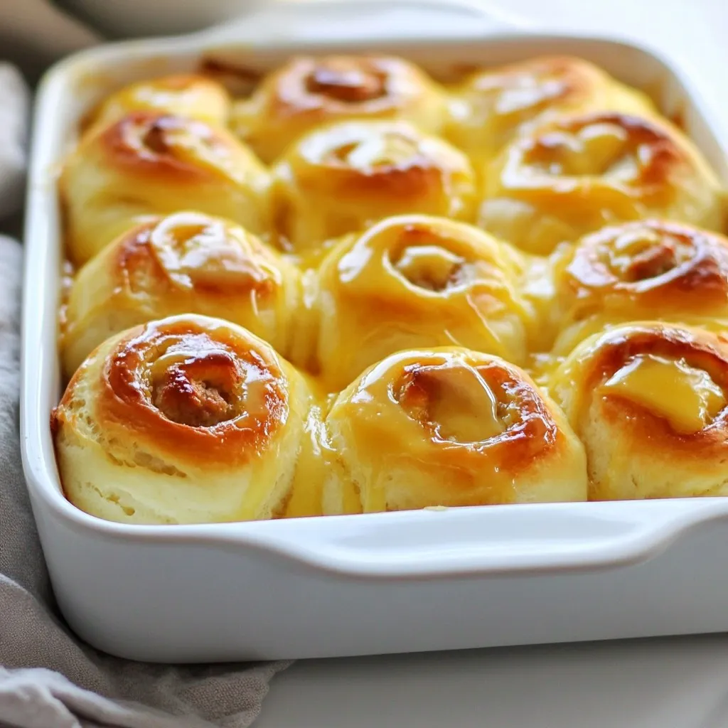 - 4 cups all-purpose flour - 1/4 cup granulated sugar - 1 packet (2 1/4 teaspoons) instant yeast - 1 teaspoon fine sea salt - 1 cup warm milk (about 110°F) - 1/2 cup unsalted butter, melted and cooled to room temperature - 3 large eggs, at room temperature - 1 teaspoon pure vanilla extract - 1 cup shredded cheddar cheese (optional, for a savory twist) - 1/2 cup cooked and crumbled sausage or 1/2 cup cooked spinach (optional, for an added hearty flavor) - 1/4 cup honey or maple syrup (for glazing) I use these simple ingredients to make breakfast rolls that are soft and tasty. The flour gives the rolls their structure. Sugar adds a hint of sweetness. Yeast helps the rolls rise and become fluffy. Salt brings out the flavors. Warm milk activates the yeast, and butter adds richness. Eggs make the dough smooth, while vanilla gives a lovely flavor. For a savory twist, consider adding shredded cheddar cheese. You can also mix in cooked sausage or spinach for extra flavor. If you have allergies, you can substitute some ingredients. Use gluten-free flour for a gluten-free option. Almond or oat milk can replace regular milk. For those avoiding eggs, try a flaxseed meal or applesauce instead. With these ingredients, you can create breakfast rolls that everyone will love. {{ingredient_image_2}} 1. Mixing Dry Ingredients: Start by taking a large mixing bowl. Add 4 cups of all-purpose flour, 1/4 cup of granulated sugar, 1 packet of instant yeast, and 1 teaspoon of fine sea salt. Whisk these together until they blend well. 2. Combining Wet Ingredients: In another bowl, combine 1 cup of warm milk, 1/2 cup of melted butter, 3 large eggs, and 1 teaspoon of pure vanilla extract. Whisk until the mix is smooth and even. 3. Forming the Dough: Slowly add the wet mix to the dry ingredients. Use a wooden spoon or spatula to stir. Keep mixing until you see a soft dough forming. 4. Adding Flavor: If you want a tasty twist, gently fold in 1 cup of shredded cheddar cheese. You can also add 1/2 cup of cooked sausage or spinach for more flavor. Mix well until evenly combined. 1. First Rise: After kneading the dough, place it in a greased bowl. Cover it with plastic wrap or a towel. Let it rise in a warm area for about 1 hour, or until it doubles in size. 2. Portioning the Dough: Once the dough has risen, gently punch it down to remove air. Divide it into 12 equal pieces. Roll each piece into a smooth ball. 3. Second Rise: Place the dough balls in a greased 9x13-inch baking dish. Cover them lightly with plastic wrap or a damp cloth. Let them rise again for 30-40 minutes until they puff up. 1. Preheat the Oven: While the rolls rise, preheat your oven to 350°F (175°C). This ensures even baking. 2. Baking Time and Color Indication: Bake the rolls for 20-25 minutes. They should be golden brown on top when ready. 3. Glazing the Rolls: After baking, make a glaze by mixing 1/4 cup of honey or maple syrup with about 1 tablespoon of melted butter. Brush this glaze over the warm rolls for a sweet finish. To make your breakfast rolls fluffy, kneading is key. Knead the dough for 5-7 minutes. This helps develop gluten, which gives the rolls structure. If you skip this step, the rolls may turn out dense. Next, let the dough rise in a warm spot. A warm environment helps the yeast work well. Cover the bowl with plastic wrap or a towel to keep warmth in. You should see the dough double in size in about an hour. The temperature of your ingredients matters, too. Use warm milk, about 110°F. It helps activate the yeast. If the milk is too hot, it may kill the yeast. If it is too cold, the rolls won't rise well. For a pretty presentation, serve the rolls on a large platter. You can line the platter with a clean linen cloth. This adds a nice touch. For extra flair, sprinkle some fresh herbs or powdered sugar on top before serving. Pair these rolls with tasty spreads like butter, jam, or cream cheese. They also go well with coffee, tea, or fresh fruit juice. Enjoy them for breakfast, brunch, or even as a snack. They are perfect anytime you crave something warm and comforting. Pro Tips Use Fresh Yeast: Always check the expiration date on your yeast for the best rise and fluffiness in your rolls. Room Temperature Ingredients: Ensure your eggs and butter are at room temperature for a smoother dough consistency. Cover the Dough: Keep the dough covered during rises to prevent it from drying out and forming a crust. Experiment with Fillings: Try different cheeses, herbs, or vegetables to customize your rolls to your taste. {{image_4}} You can make these breakfast rolls even sweeter. Here are some fun ideas: - Chocolate Filling: Try adding chocolate chips or chunks. They melt and make the rolls rich and sweet. - Fruit Filling: Use fruit preserves, like raspberry or peach. Spread it in the dough before rolling. For glazes, you have options: - Vanilla Glaze: Mix powdered sugar with a splash of vanilla and milk. Drizzle it on top. - Cinnamon Sugar: Combine sugar and cinnamon. Sprinkle it on the rolls after glazing for a sweet crunch. If you prefer savory flavors, there are many ways to enhance these rolls: - Spices and Herbs: Add garlic powder, rosemary, or thyme to the dough. These flavors add warmth and depth. - Veggies and Cheese: Mix in cooked spinach or diced peppers. You can also fold in shredded cheese, like cheddar or mozzarella, for a cheesy twist. These variations let you customize the rolls to your taste. Enjoy experimenting with flavors! To keep your fluffy rolls fresh, store them in a sealed container. You can also wrap them in plastic wrap. Avoid leaving them out uncovered, as air can dry them out. If you plan to eat them within a few days, this method works well. For longer storage, freeze the rolls. Allow them to cool completely after baking. Then, place them in a freezer-safe bag. Remove as much air as possible before sealing. They can last up to three months in the freezer. When you're ready to enjoy them, just take out what you need. To restore fluffiness, reheat the rolls in the oven. Preheat your oven to 350°F. Place the rolls on a baking sheet and cover them with foil. Heat for about 10-15 minutes. You can also use a microwave, but they may lose some of their fluffiness. If using a microwave, heat for a short time—about 20 seconds works well. Enjoy your warm, fluffy breakfast rolls! How can I make these rolls without yeast? You can use baking powder instead of yeast. Mix 4 cups of flour with 1 tablespoon of baking powder. This will help the dough rise without waiting. Your rolls will be fluffy but not as airy. Can I prepare the dough a day in advance? Yes, you can! Make the dough and let it rise once. Then, cover it and put it in the fridge. The next day, shape the rolls and let them rise again. This way, you save time in the morning. What can I use instead of milk? You can use almond milk, soy milk, or even water. Each option will change the flavor a bit. Choose what you like best or what you have at home. What to do if rolls don't rise properly? Check if your yeast is fresh. Old yeast will not work well. Also, ensure your dough is in a warm place. If it’s too cold, it will not rise. Tips for dough that is too sticky or dry If the dough is sticky, add a bit more flour. Do this slowly, about a tablespoon at a time. If it's too dry, add a tiny bit of warm water or milk. Mix it well until it's just right. How to adjust the recipe for altitude If you live at a high altitude, reduce the flour by 1-2 tablespoons. You may need more liquid too. This helps the rolls rise better in thinner air. To create delicious rolls, you need the right ingredients and methods. We covered how to mix and knead the dough for the best results. Rising, shaping, and baking are key to perfect rolls. Don't forget tips for fluffiness and great serving ideas. We shared sweet and savory variations to suit any taste. Finally, storing and reheating the rolls properly will keep them fresh longer. Enjoy baking these rolls and sharing them with others!