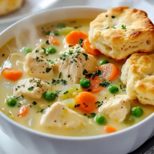 - 1 lb boneless, skinless chicken breasts, diced - 4 cups low-sodium chicken broth - 1 cup carrots, diced - 1 cup celery, diced - 1 cup frozen peas - 1 large onion, chopped - 3 cloves garlic, minced - 1/2 cup all-purpose flour - 1 cup heavy cream or coconut cream for a lighter option - 2 tablespoons olive oil - 1 teaspoon dried thyme - 1 teaspoon dried rosemary - Salt and pepper to taste - Fresh parsley, chopped (for garnish) - Biscuit dough or puff pastry (optional, for topping) I love using fresh chicken for this soup. It gives great flavor and texture. Dice it into small pieces for even cooking. You can use boneless, skinless chicken thighs if you want more flavor. For the veggies, carrots and celery work best. They add nice sweetness and crunch. Frozen peas are perfect here; they are easy and add bright color. The broth is the base of our soup. I like low-sodium chicken broth to control salt. You can use vegetable broth if you want a lighter option. We will thicken the soup with flour and cream. The cream adds richness. If you want a lighter soup, use coconut cream. Herbs are key to flavor. I use thyme and rosemary. They pair well with chicken and veggies. Don't forget salt and pepper for seasoning. Lastly, fresh parsley makes a lovely garnish. It adds color and freshness to the dish. You can also top it with biscuit dough or puff pastry for that classic pot pie feel. Gather these ingredients, and you are ready to make a warm, comforting bowl of Chicken Pot Pie Soup! {{ingredient_image_2}} Sautéing onions and garlic Start by heating 2 tablespoons of olive oil in a large pot over medium heat. Once the oil is hot, add 1 chopped large onion. Cook the onion for about 5 minutes until it becomes soft and clear. Stir it often to avoid burning. Next, add 3 minced garlic cloves. Cook for 1 more minute until the garlic smells good. Cooking the chicken Now, add 1 pound of diced boneless, skinless chicken breasts to the pot. Season it with salt, pepper, 1 teaspoon of dried thyme, and 1 teaspoon of dried rosemary. Cook for 5 to 7 minutes. Stir often until the chicken turns brown and is cooked all the way through. Creating the roux Once the chicken is cooked, sprinkle 1/2 cup of all-purpose flour over the chicken and veggies. Stir for about 1 minute. This will coat everything and create a roux, which helps thicken the soup. Adding broth and vegetables Slowly pour in 4 cups of low-sodium chicken broth while stirring. This keeps lumps from forming. Turn up the heat and let the mix simmer. Add 1 cup of diced carrots and 1 cup of diced celery. Let the soup cook for 10 to 15 minutes until the veggies are tender. Stir it now and then to keep it from sticking. Incorporating cream and peas After the veggies are soft, add 1 cup of frozen peas and 1 cup of heavy cream (or coconut cream if you want it lighter). Let the soup simmer for another 5 minutes. Taste it and add more salt or pepper if needed. Optional toppings preparation If you want a topping, preheat your oven as directed on your biscuit dough or puff pastry package. Roll out the dough and cut it into shapes. Bake until golden brown. How to properly sauté onions Sautéing onions adds flavor to your soup. Start by heating olive oil in a large pot. Add the chopped onions when the oil is hot. Cook them for about 5 minutes. Stir often to keep them from browning. You want them translucent and soft. This step builds a tasty base for your soup. Best ways to cook chicken for flavor For tasty chicken, use diced boneless, skinless breasts. Season the chicken with salt, pepper, thyme, and rosemary as you cook. Add it to the pot after the onions. Brown the chicken for 5-7 minutes. This locks in the flavor. Make sure to stir it often. It helps prevent sticking and cooks evenly. Using alternative cream options If you want a lighter soup, try coconut cream instead of heavy cream. It gives a nice flavor while cutting down on calories. You can also use low-fat milk for a different twist. Just remember to adjust the thickness by adding more flour if needed. Gluten-free adaptations To make this soup gluten-free, swap all-purpose flour with a gluten-free blend. You can also use cornstarch mixed with water. This will thicken the soup without gluten. Be sure to check that your broth is gluten-free as well. Ideal sides to accompany the soup This hearty soup pairs well with a simple side salad. A fresh green salad adds crunch and balances the rich flavors. You can also serve it with crusty bread for dipping. The bread soaks up the soup and enhances your meal. Garnishing tips for presentation To make your soup look inviting, add a sprinkle of chopped fresh parsley on top. It adds color and freshness. If you used a topping like biscuits or puff pastry, place them on the side. This creates a warm and appealing dish. Pro Tips Use Rotisserie Chicken: For an even quicker version of this soup, consider using pre-cooked rotisserie chicken. Just shred it and add it in during the last few minutes of cooking to warm through. Customize Your Veggies: Feel free to add or substitute other vegetables like corn, green beans, or potatoes based on what you have on hand or your family's preferences. Thickening Alternatives: If you're looking for a gluten-free option, you can use cornstarch or arrowroot powder mixed with water as a thickening agent instead of flour. Make Ahead: This soup stores well in the refrigerator for up to 3 days. You can also freeze it for up to 3 months. Just be sure to add the cream after thawing to preserve its texture. {{image_4}} You can switch up the protein in your soup. If you prefer turkey, it works great. Tofu is a fantastic option for a plant-based meal. Both choices keep the heartiness of the dish while making it unique. For veggies, feel free to swap out what you have. Zucchini, green beans, or even sweet corn add more nutrition. Each swap brings new flavors and keeps the soup fresh. Want to boost the taste? Try adding herbs like dill or parsley. They add a bright touch to the soup. You can also use spices like paprika for a smoky flavor. If you enjoy heat, add some crushed red pepper flakes. This gives your soup a spicy kick. You can mix and match herbs and spices to find your favorite combo. Experimenting with flavors makes cooking fun! Chicken Pot Pie Soup lasts in the fridge for about 3 to 4 days. To store it properly, let the soup cool down first. Then, transfer it into an airtight container. This helps keep it fresh and safe to eat. Always label your container with the date. This way, you know when to use it by. You can freeze Chicken Pot Pie Soup for up to 3 months. To freeze, let the soup cool completely. Then, pour it into freezer-safe bags or containers. Be sure to leave some space for expansion. When you're ready to eat, take the soup out of the freezer. Thaw it overnight in the fridge for best results. To reheat, pour the soup into a pot. Heat it on the stove over medium heat. Stir often to avoid burning. You can also use a microwave. Just heat in short bursts, stirring in between. Enjoy your warm, comforting soup! What is Chicken Pot Pie Soup? Chicken Pot Pie Soup is a creamy and hearty dish. It has tender chicken, fresh vegetables, and a rich broth. This soup captures the classic flavors of chicken pot pie in a warm bowl. You can enjoy it on cold days or anytime you crave comfort food. Can I make this soup in advance? Yes, you can make Chicken Pot Pie Soup in advance. It tastes even better after sitting for a day. Just store it in the fridge after cooling. Reheat it on the stove before serving. You might need to add a splash of broth if it gets too thick. How to make Chicken Pot Pie Soup healthier? To make Chicken Pot Pie Soup healthier, consider these tips: - Use skinless chicken breasts for lower fat. - Swap heavy cream for coconut cream or a low-fat option. - Add more vegetables like spinach or zucchini for extra nutrients. - Reduce the amount of flour to lower carbs if desired. Best types of bread to serve with soup? I love to serve Chicken Pot Pie Soup with crusty bread. Here are some great options: - Sourdough bread adds a tangy flavor. - Baguette is perfect for dipping. - Whole grain bread gives a nutty taste. - Soft dinner rolls are great for sopping up the soup. This blog post covered how to make a tasty Chicken Pot Pie Soup. We looked at key ingredients like chicken, vegetables, and broth. I shared step-by-step instructions, tips for cooking, and ways to customize your soup. You can adapt the recipe to fit your needs and preferences. Remember, this soup tastes great fresh but also stores well in the fridge or freezer. I hope you enjoy making and sharing this comforting dish with your loved ones. It’s a great way to warm up any meal!