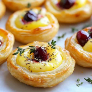 To make these tasty cranberry Brie bites, gather the following items: - 1 sheet of puff pastry (thawed) - 8 ounces of Brie cheese, cut into small cubes - 1 cup fresh cranberries - 2 tablespoons honey - 1 tablespoon granulated sugar - 1 teaspoon fresh lemon juice - 1 egg (beaten) for egg wash You can enhance these bites with a few simple garnishes: - Fresh thyme leaves - Cracked black pepper (optional) If you need to switch things up, here are some ideas: - Use camembert cheese instead of Brie for a different taste. - Swap fresh cranberries for cranberry sauce if that's what you have. - Try maple syrup in place of honey for a sweeter flavor. - Use puff pastry alternatives like phyllo dough for a lighter option. These options keep your recipe flexible while still tasting great! {{ingredient_image_2}} First, preheat your oven to 375°F (190°C). This step is key for great texture. In a medium pan, mix fresh cranberries, honey, granulated sugar, and lemon juice. Heat this mixture on medium. Stir often until you see the cranberries pop, about 5-7 minutes. Once it bubbles, take it off the heat and let it cool. Next, lightly flour a clean surface. Roll out the thawed puff pastry into an even sheet. Cut the pastry into 3x3 inch squares. You will get about 12 squares. Grease a mini muffin tin with butter or non-stick spray. Place each puff pastry square into the muffin cups. Press the dough gently to fit. Add a small cube of Brie cheese into each cup, centering it for even melting. Then, spoon about 1 teaspoon of the cranberry mixture over each Brie cube. Now, prepare for baking! Use a pastry brush to coat the edges of the puff pastry with a beaten egg. This gives your bites a lovely golden finish. Place the muffin tin in the preheated oven. Bake for 15-20 minutes until the pastry is deep golden brown. After baking, let the bites cool for a few minutes in the tin. Carefully remove them and enjoy. To make the best puff pastry, start with a good quality sheet. Thaw it properly. It should be cold but pliable. Roll it out gently to avoid breaking. Aim for even thickness of about 1/8 inch. Cut your squares neatly to fit in the muffin tin. Press the edges to seal better when adding the filling. This helps keep the filling inside while baking. The cranberry mixture needs just a bit of spice. Adding a sprinkle of cracked black pepper gives a nice kick. Fresh thyme adds herbal notes that really shine. Don't skip the honey; it balances the tartness of cranberries. The lemon juice brightens the flavor. Mix these in the saucepan while cooking the cranberries for the best results. Presentation matters, even for a simple snack. Use a nice platter or wooden board to display the bites. Garnish each bite with a fresh thyme leaf. Arrange them neatly to create a visual feast. You can drizzle some extra honey around the bites for flair. Serve them warm for the best taste and texture. Pro Tips Use Cold Puff Pastry: For the best results, keep your puff pastry cold until you're ready to use it. This helps it puff up beautifully during baking. Experiment with Jams: Feel free to swap the cranberry mixture with your favorite jams or preserves, such as fig or apricot, for a different flavor profile. Customize Cheese Varieties: While Brie is classic, try using other soft cheeses like Camembert or goat cheese for a unique twist on these bites. Make Ahead: You can prepare the cranberry mixture and assemble the bites in advance. Just bake them right before serving for maximum freshness. {{image_4}} You can swap Brie for other creamy cheeses. Goat cheese adds a tangy twist. Cream cheese gives a smooth texture. Try Camembert for a rich flavor. Each cheese type melts well and pairs nicely with cranberry. Cranberries are great, but you can mix it up. Cherries bring sweetness and tartness. Pears add a refreshing crunch. Apples offer a crisp bite. You can even use figs for a unique flair. Each fruit adds its own charm to the bites. For added texture, sprinkle in chopped nuts. Walnuts or pecans add a nice crunch. Fresh herbs like rosemary or sage give a fragrant touch. You can also drizzle honey on top for extra sweetness. These seasonal touches make each bite special and unique. Cranberry Brie bites are great for leftovers. Store them in an airtight container. Keep them in the fridge for up to three days. Be sure to let them cool completely before sealing. This helps keep the pastry crisp. You can freeze these bites for later use. Flash freeze them on a baking sheet first. Once they are firm, transfer them to a freezer-safe bag. They can last for up to two months in the freezer. When ready to eat, bake them directly from frozen. To reheat, preheat your oven to 350°F (175°C). Place the bites on a baking sheet. Heat for about 10-15 minutes until warm. This keeps the pastry flaky and the cheese gooey. Avoid using the microwave, as it can make the pastry soggy. Yes, you can prep them early. Make the cranberry mixture and cut the pastry. Store both in the fridge for up to one day. When ready to bake, assemble the bites. Bake them fresh for the best taste and texture. You can use cranberry sauce or dried cranberries. If you use sauce, skip the cooking step. For dried cranberries, chop them and mix with honey and lemon juice. This will keep the sweet and tangy flavor intact. Use gluten-free puff pastry instead of regular. Many stores sell gluten-free options now. Ensure all other ingredients, like cheese and honey, are gluten-free too. This way, you keep the bites tasty for everyone. This blog post covered all you need to make delicious cranberry brie bites. We explored the key ingredients and how to combine them. I shared tips to perfect the puff pastry and enhance flavors. You learned about variations and how to store your bites. Remember, cooking is fun! With a few tweaks, you can make this dish your own. Enjoy creating these tasty treats for your next gathering. You’ll impress your friends and family every time.