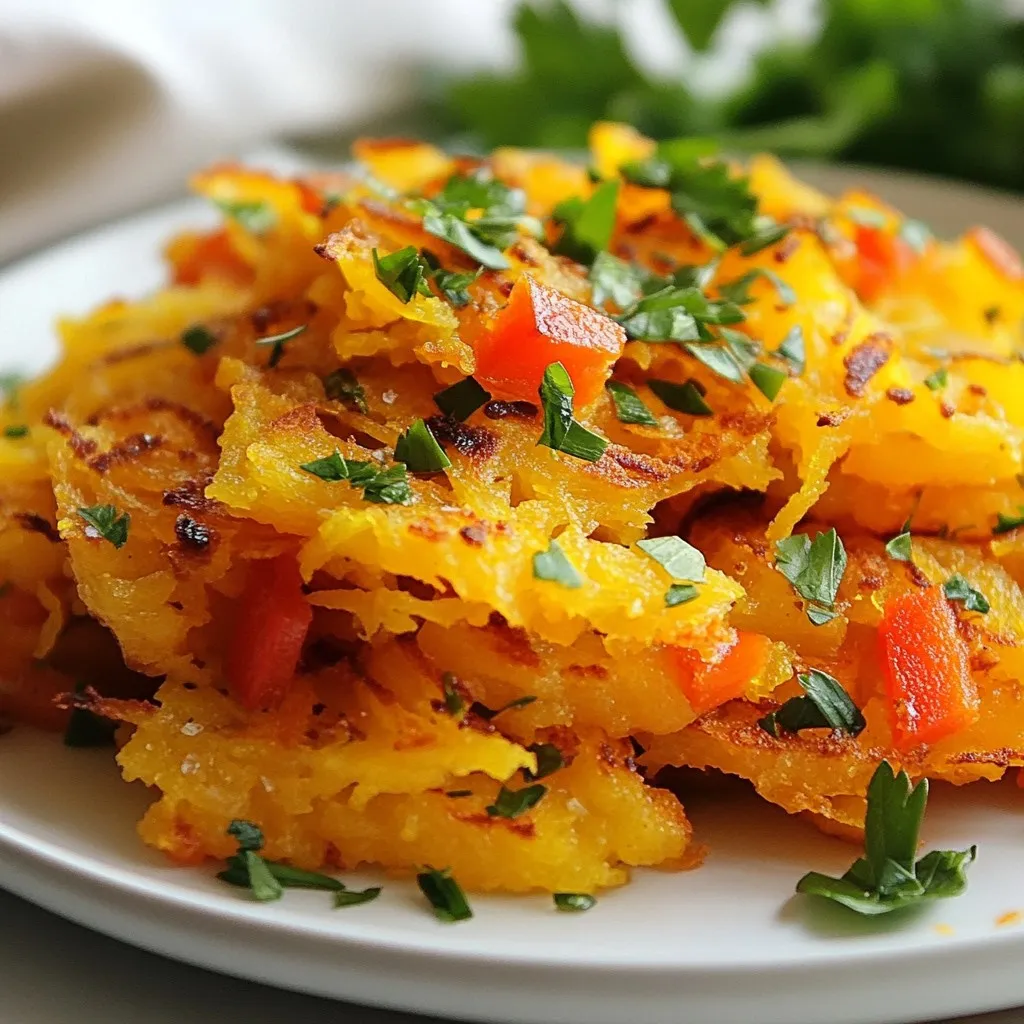 - 2 large sweet potatoes, peeled and grated - 1 small onion, finely chopped - 1 red bell pepper, diced - 2 cloves garlic, minced - 1 teaspoon smoked paprika - 1/2 teaspoon ground cumin - Salt and freshly cracked pepper to taste - 2 tablespoons olive oil, divided - Fresh parsley, chopped (for garnish) - Box grater or food processor - Large non-stick skillet - Mixing bowl - Spatula To make the best sweet potato hash browns, you need fresh ingredients. The sweet potatoes give a nice sweetness and a vibrant color. The onion and bell pepper add crunch and flavor. Garlic brings out the best in each bite. I love using smoked paprika for a touch of warmth. Ground cumin adds depth, making the dish more interesting. Don't forget the salt and pepper! They help enhance all the flavors. For tools, a box grater or food processor makes grating easy and quick. A large non-stick skillet is key for cooking without sticking. A mixing bowl helps combine everything well. Finally, a spatula makes flipping the hash browns simple. Gather these ingredients and tools before you start cooking. This will make your cooking process smooth and fun! {{ingredient_image_2}} Peel two large sweet potatoes with a vegetable peeler. You want to remove all the skin. Next, grate the sweet potatoes using a box grater or food processor. This makes them fine and easier to cook. After grating, place the sweet potato in a clean kitchen towel. Twist the towel to squeeze out excess moisture. This step is very important. Less moisture helps the hash browns get crispy. If you skip this, they may turn out soggy. In a large mixing bowl, combine the grated sweet potatoes with the following: - 1 small onion, finely chopped - 1 red bell pepper, diced - 2 cloves garlic, minced - 1 teaspoon smoked paprika - 1/2 teaspoon ground cumin - Salt and freshly cracked pepper to taste Mix all ingredients well. Use a spatula or wooden spoon to ensure everything is evenly combined. This way, the flavors spread out well in every bite. Heat 1 tablespoon of olive oil in a large non-stick skillet over medium heat. When the oil shimmers, add half of the sweet potato mixture. Press it down gently into an even layer with a spatula. Cook for about 5-7 minutes until the bottom is golden brown. Carefully flip the hash browns using a large spatula. If you want them crispier, add the remaining tablespoon of olive oil around the skillet edges. Cook for another 5-7 minutes until the second side is golden and crispy. Once both sides are done, remove the hash browns. Place them on a plate lined with paper towels to absorb any extra oil. If you have more mixture left, repeat this cooking process. Enjoy your crispy sweet potato hash browns! To get your sweet potato hash browns crispy, removing moisture is key. After grating, place the sweet potato in a clean towel. Squeeze out as much moisture as you can. This step is vital. If your hash browns are wet, they will steam instead of crisp. When cooking, use enough oil. I recommend two tablespoons for the best texture. Heat the oil until it shimmers. Then, add your mixture in a single layer. Cook for about 5-7 minutes before flipping. If they feel soft, give them more time. Crispiness comes from patience. Spices make your hash browns pop! I love using smoked paprika and ground cumin. They add a warm, smoky flavor. You can also try garlic powder or chili powder for heat. Don’t forget to season with salt and pepper to taste. For added nutrition, mix in some spinach or kale. These greens cook down well and add color. You can also toss in some shredded carrots for a sweet twist. Feel free to get creative! How you serve your hash browns matters. Use a colorful plate to make them stand out. Sprinkle chopped parsley on top for a fresh look. Serving alongside a poached egg or sliced avocado makes it more filling. The creamy avocado adds great flavor. You can also add a dollop of Greek yogurt for creaminess. Enjoy your beautiful, crispy hash browns! Pro Tips Remove Excess Moisture: Squeezing out the moisture from the grated sweet potatoes is essential for achieving that perfect crispy texture. Use a Non-Stick Skillet: Cooking in a non-stick skillet helps prevent the hash browns from sticking and ensures an easy flip. Press Down for Crispiness: Gently pressing down the mixture in the skillet helps create a uniform surface, resulting in even cooking and crispiness. Garnish for Flavor: Fresh parsley not only adds a pop of color but also enhances the flavor profile, making your hash browns more appealing. {{image_4}} You can easily change the sweet potato hash browns. For example, try using zucchini or carrots. They add different tastes and textures. Grate these veggies just like sweet potatoes. This keeps the cooking process simple. You can also switch up the spices. Instead of smoked paprika, use chili powder for heat. Or, try Italian herbs like oregano or basil for a fresh twist. This lets you customize the flavor to your liking. You have options when cooking sweet potato hash browns. You can bake or air fry them. Baking gives a softer texture, while air frying makes them extra crispy. If you bake, set your oven to 425°F. Spread the mixture on a lined baking sheet. Bake for about 25-30 minutes, flipping halfway through. For air frying, preheat your air fryer to 375°F. Cook for about 15 minutes, shaking the basket halfway. Adjust cooking times based on how crispy you want them. Keep an eye on them to avoid burning. Serving sweet potato hash browns can be fun. Pair them with a protein like eggs or bacon. This makes a filling meal. You can also add a side of fruit for color and freshness. For brunch, serve hash browns on a colorful plate. Top with a poached egg or slices of avocado. This not only looks great but adds nutritious value. You can even sprinkle extra herbs for an eye-catching finish. Store leftovers in an airtight container. This keeps them fresh and tasty. Place the container in the fridge. Use the hash browns within 3 days for the best flavor. If you need to keep them longer, freezing is a great option. To reheat, use a skillet for the best texture. Heat the skillet over medium heat. Add a little olive oil for crispiness. Cook until warmed through, around 5 minutes. You can also use a toaster oven. This helps keep the hash browns crispy. Avoid microwaving, as it makes them soggy. To freeze sweet potato hash browns, let them cool completely first. Spread them on a baking sheet in a single layer. Freeze them for about 1-2 hours. Once frozen, transfer them to a freezer bag. Remove as much air as possible to prevent freezer burn. For thawing, place them in the fridge overnight. Reheat them in a skillet as mentioned before. This keeps them crispy and delicious! Yes, you can prepare these hash browns in advance. Grate the sweet potatoes and mix them with the other ingredients. Store the mixture in an airtight container in the fridge for up to two days. When ready to cook, heat your skillet and follow the recipe steps. For reheating, use a skillet to regain crispiness. You can also bake them in the oven at 375°F for about 10 minutes to warm through. To get that perfect crisp, moisture removal is key. After grating, squeeze the sweet potatoes in a clean towel to remove excess liquid. This step helps achieve a golden brown texture. Use a non-stick skillet and heat the oil well before adding the mixture. Flatten the hash browns in the pan to ensure even cooking. Flip carefully, adding more oil if needed to crisp the edges. Sweet potato hash browns are often healthier than regular ones. They have more fiber and vitamins like A and C. Sweet potatoes can help with digestion and improve your immune system. Regular hash browns, made from white potatoes, are higher in starch and lower in nutrients. Choosing sweet potatoes gives you a tasty way to boost your health while enjoying a classic dish. Yes, you can use frozen grated sweet potatoes. Just make sure to thaw and drain them well before cooking. Excess moisture will affect the crispiness of your hash browns. After draining, follow the recipe as usual. Frozen options can save time, but fresh sweet potatoes usually offer better flavor and texture. Sweet potato hash browns are versatile. Serve them as a breakfast side with eggs or avocado for a nutritious meal. They pair well with salsa, sour cream, or Greek yogurt. For lunch or dinner, enjoy them alongside grilled meats or veggies. Garnish with fresh herbs like parsley for a pop of color and flavor. To wrap up, we covered how to make delicious sweet potato hash browns. We discussed the key ingredients, tools needed, and a simple cooking process. I shared tips to get them crispy and ideas for fun variations. Don't forget the importance of proper storage, whether in the fridge or freezer. You can enjoy these hash browns for any meal. With these insights, you can create a tasty and nutritious dish that everyone will love. Enjoy experimenting in your kitchen!
