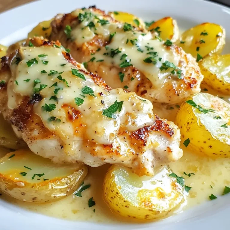 For this tasty dish, you need simple, fresh ingredients. Here’s your list: - 4 boneless, skinless chicken breasts - 1.5 pounds baby potatoes, halved - 6 cloves garlic, finely minced - 1 cup chicken broth - 1 cup freshly grated Parmesan cheese - 1/2 cup heavy cream - 2 tablespoons extra virgin olive oil - 2 teaspoons Italian seasoning - Salt and freshly cracked black pepper to taste - Fresh parsley, finely chopped, for garnish These ingredients work together to create a rich, savory flavor. The chicken stays juicy, while the potatoes soak up that delicious garlic Parmesan sauce. In addition to the main ingredients, you can add a few extras. A pinch of red pepper flakes adds heat. You can also use fresh herbs like thyme or rosemary for more depth. Fresh parsley gives a lovely pop of color. It also adds a fresh taste that brightens the dish. If you don’t have something on hand, no worries! You can swap out the chicken breasts for thighs; they stay moist and tender. You can use any type of potatoes, like Yukon Gold or red potatoes. Instead of heavy cream, try half-and-half or coconut milk for a lighter option. You can also use garlic powder if you don't have fresh garlic. Just remember to adjust the amount based on your taste. {{ingredient_image_2}} Start by gathering all your ingredients. You need: - 4 boneless, skinless chicken breasts - 1.5 pounds baby potatoes, halved - 6 cloves garlic, finely minced - 1 cup chicken broth - 1 cup freshly grated Parmesan cheese - 1/2 cup heavy cream - 2 tablespoons extra virgin olive oil - 2 teaspoons Italian seasoning - Salt and freshly cracked black pepper to taste - Fresh parsley, finely chopped, for garnish In a large bowl, mix the minced garlic with chicken broth, heavy cream, grated Parmesan cheese, olive oil, Italian seasoning, and a pinch of salt and pepper. Whisk until smooth. This mix is the heart of our dish. Pour the halved baby potatoes into the bottom of the crockpot. Lightly season them with salt and pepper. This step boosts their flavor. Next, lay the chicken breasts on top of the potatoes. Avoid overlapping them. This helps them cook evenly. Now, take your creamy garlic Parmesan sauce and pour it over the chicken and potatoes. Make sure every piece is coated. This is where the magic happens! Cover the crockpot with its lid. Set it to cook on low for 6-7 hours or on high for 3-4 hours. The chicken should be juicy and tender. Check that it reaches an internal temperature of 165°F (75°C). When cooking is done, gently lift the chicken and potatoes from the crockpot with a slotted spoon. If you want, whisk the remaining sauce for a creamier look. When serving, arrange the chicken and potatoes on a platter. Drizzle that luscious garlic Parmesan sauce on top and sprinkle with fresh parsley for a pop of color. Enjoy every bite! To get the best taste, focus on fresh garlic. Use six cloves to pack in flavor. Also, don’t skip on the freshly grated Parmesan cheese. It melts better and adds depth. Add salt and pepper while cooking to boost taste. A pinch of Italian seasoning will tie everything together beautifully. For juicy chicken, choose boneless, skinless breasts. Lay them flat in the crockpot. Make sure they don’t overlap to cook evenly. Cook on low for 6-7 hours or high for 3-4 hours. Always check the chicken’s internal temperature; it should be 165°F (75°C). This ensures safety and tenderness. To make the sauce creamier, whisk the remaining sauce after cooking. This blends the flavors and smooths out the texture. If you want more creaminess, add a little more heavy cream or Parmesan cheese at the end. This will give your dish a rich and luscious taste. Pro Tips Use Fresh Ingredients: Always opt for fresh garlic and high-quality Parmesan cheese for the best flavor. Fresh ingredients will elevate the dish and provide a more vibrant taste. Check Chicken Temperature: Ensure your chicken reaches an internal temperature of 165°F (75°C) for safe consumption. Use a meat thermometer for accuracy to avoid undercooking. Adjust Cooking Time: If you're using larger chicken breasts, consider extending the cooking time slightly. Always check for doneness before serving. Enhance with Herbs: Feel free to add fresh or dried herbs such as thyme or rosemary for an extra layer of flavor. These herbs complement the garlic and Parmesan beautifully. {{image_4}} You can boost your meal by adding more vegetables. Consider using carrots, green beans, or bell peppers. Chop them into bite-sized pieces. Add these veggies to the crockpot with the potatoes. They will cook nicely and add flavor. While Parmesan shines in this dish, feel free to mix it up. You can use mozzarella for a gooey texture. Alternatively, try cheddar for a sharper taste. Each cheese brings its unique flavor and richness to the dish, making it even more delightful. This recipe is simple to modify for gluten-free diets. Use gluten-free chicken broth and ensure your cheese is gluten-free. Most cheeses are naturally gluten-free, but it's always good to check. This way, everyone can enjoy this tasty meal without worry. You can store leftover Garlic Parmesan Crockpot Chicken and Potatoes in the fridge. Place the chicken and potatoes in an airtight container. This keeps the flavors fresh. Use them within three to four days for the best taste. Always let the food cool before sealing it. For longer storage, you can freeze the leftovers. First, let the dish cool completely. Then, place it in a freezer-safe container. You can also use freezer bags. Remove as much air as possible to prevent freezer burn. The dish can last up to three months in the freezer. Remember to label the container with the date for easy reference. To reheat, you have a few options. You can use the microwave, oven, or stovetop. If using the microwave, heat in short bursts. Stir between intervals to ensure even heating. For the oven, preheat it to 350°F (175°C). Place the chicken and potatoes in a baking dish, adding a splash of broth or cream to keep it moist. Cover with foil to prevent drying out. Heat for about 20 minutes or until hot throughout. If using the stovetop, add the leftovers to a pan over medium heat. Stir gently until warmed. Enjoy the same great taste! Yes, you can use frozen chicken in this recipe. Just add an extra hour to the cooking time. Cooking on high may take about 4-5 hours. Make sure the chicken cooks to 165°F (75°C). It will still taste great. Check the chicken for an internal temperature of 165°F (75°C). Use a meat thermometer to be sure. The chicken should be juicy and tender. If it is still pink, it needs more time. This dish pairs well with crusty bread to soak up the sauce. You can also add steamed green beans for color and nutrition. A fresh salad will balance the meal nicely. Enjoy every bite! This blog post covered how to make Garlic Parmesan Crockpot Chicken and Potatoes. We explored the main ingredients and seasonings, plus tips for great flavor. I shared steps for prepping, layering, and cooking. You learned about variations for added nutrition and how to store leftovers. In the end, this dish is easy and tasty. It’s perfect for busy days. Try it, and enjoy a creamy meal with loved ones!