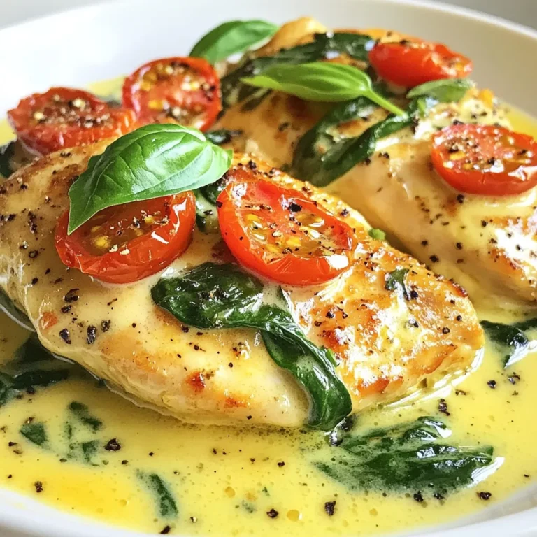 - 4 boneless, skinless chicken breasts - 2 tablespoons extra virgin olive oil - 4 cloves garlic, finely minced - 1 cup cherry tomatoes, halved - 1 cup fresh baby spinach - 1 cup heavy cream - 1/2 cup freshly grated Parmesan cheese - 1 teaspoon Italian seasoning blend - Salt and freshly ground black pepper, to taste - Fresh basil leaves, for garnish These ingredients form the heart of the dish. Each one plays a key role in flavor. For example, the chicken provides protein, while the garlic adds a wonderful aroma. Fresh spinach and tomatoes bring color and nutrients. Using high-quality ingredients enhances the taste of your meal. Fresh herbs, ripe tomatoes, and good olive oil make a big difference. If you want a lighter option, you can swap heavy cream for half-and-half or coconut milk. These alternatives keep the dish creamy but cut down on calories. For a leaner protein, try using turkey or firm tofu. Both options will still absorb the rich sauce well. To make this dish, you need a large skillet. A good, heavy-bottomed skillet heats evenly and prevents sticking. I recommend using stainless steel or cast iron. A spatula and a sharp knife will help you handle the ingredients easily. Make sure you have a cutting board for chopping. These tools will make your cooking process smooth and enjoyable. {{ingredient_image_2}} To cook the chicken breasts, start by heating 2 tablespoons of extra virgin olive oil in a large skillet over medium heat. While the oil warms, season 4 boneless, skinless chicken breasts with salt and freshly ground black pepper on both sides. This step is key for flavor. Once the oil shimmers, add the chicken to the skillet. Sear the chicken for about 4-5 minutes on each side. Look for a golden brown crust. Use a meat thermometer to ensure the internal temperature reaches 165°F. This guarantees the chicken is fully cooked. After cooking, remove the chicken and place it on a plate. Next, it's time to make the creamy garlic sauce. In the same skillet, add 4 cloves of finely minced garlic. Sauté the garlic for about 1 minute. Stir it often to prevent burning. Once fragrant, add 1 cup of halved cherry tomatoes and 1 teaspoon of Italian seasoning. Cook these for 2-3 minutes. This step helps soften the tomatoes and release their juices. Gradually pour in 1 cup of heavy cream. Stir continuously to combine the flavors. Bring the mixture to a gentle simmer. Now, add 1/2 cup of freshly grated Parmesan cheese. Keep stirring until the cheese melts and the sauce thickens to a creamy consistency. Now it's time to bring everything together. Stir in 1 cup of fresh baby spinach and let it cook for a minute. The spinach should wilt and become vibrant. Carefully return the cooked chicken breasts to the skillet. Make sure they are well coated in the sauce. Heat everything for an additional 2-3 minutes. To keep the chicken moist, cover the skillet while heating. Taste the sauce and adjust the seasoning with more salt and pepper if needed. Serve the dish hot, garnished with fresh basil leaves. This adds a bright touch to your dish and enhances the flavor. To boost flavor, consider adding fresh herbs like thyme or oregano. You can also sprinkle in some crushed red pepper for a bit of heat. These spices elevate the dish and add depth. For more color and taste, you can toss in diced bell peppers or zucchini. Both add texture and nutrients without overpowering the main flavors. To keep chicken juicy, don’t overcook it. Sear the chicken for about 4-5 minutes on each side. This gives a nice crust while keeping the inside moist. When sautéing garlic, stir it often and watch closely. Garlic can burn quickly, which makes it bitter. Just a minute of sautéing until fragrant is perfect. For an appealing look, plate the chicken and drizzle it with extra sauce. Sprinkle more Parmesan cheese on top for a delicious finish. Fresh basil leaves add color and a lovely aroma. Serve with a side of garlic bread or a fresh salad for a complete meal. This makes the dish inviting and fun to eat. Pro Tips Use Fresh Ingredients: The flavor of this dish greatly benefits from using fresh garlic, spinach, and ripe cherry tomatoes. Fresh ingredients enhance the overall taste and texture of the sauce. Perfectly Cooked Chicken: Ensure the chicken is cooked to an internal temperature of 165°F (75°C) for safety. Use a meat thermometer for accuracy, and allow it to rest for a few minutes after cooking for juicier meat. Adjusting Creaminess: If you prefer a lighter sauce, you can substitute half of the heavy cream with chicken broth or milk. This will reduce calories while still maintaining a creamy texture. Garnish for Flavor: Fresh basil not only adds color but also enhances the flavor of the dish. Consider adding a squeeze of lemon juice for a zesty finish that complements the creamy sauce. {{image_4}} You can enjoy Creamy Garlic Tuscan Chicken while meeting dietary needs. For a gluten-free option, simply use gluten-free pasta or rice instead of traditional sides. This change keeps your meal safe and tasty. If you want a dairy-free version, swap heavy cream for coconut cream. Use nutritional yeast in place of Parmesan cheese for a cheesy flavor without dairy. For those following a vegetarian diet, try using portobello mushrooms or firm tofu instead of chicken. Both options absorb flavors well and provide a hearty texture. Add more veggies, like zucchini or bell peppers, to enhance the dish's health benefits. To change the flavor profile, you can add different spices. A pinch of red pepper flakes adds a nice kick. Fresh herbs like oregano or thyme can also elevate your dish. For a unique twist, try sun-dried tomatoes for extra richness or olives for a briny touch. If you want to play with cheese flavors, consider using feta or goat cheese. These alternatives offer a tangy taste that pairs well with the creamy sauce. Mixing different cheeses can create a more complex flavor. Using seasonal vegetables can make your dish fresh and vibrant. In spring, try adding asparagus or peas. Summer is perfect for fresh corn or zucchini. In fall, roasted butternut squash adds sweetness. Winter calls for kale or Brussels sprouts, which hold up well in cooking. Adjust the recipe based on what you have. If you find fresh spinach is not available, use frozen spinach or even kale. This flexibility allows you to enjoy this dish all year round, while keeping it interesting and delicious. To store leftovers, let your Creamy Garlic Tuscan Chicken cool down. Place it in an airtight container. This helps keep the chicken fresh. You can safely store it in the fridge for up to three days. If you want it to last longer, consider freezing. For reheating, the best method is using the stovetop. Simply place the chicken in a skillet over low heat. This way, you avoid drying it out. Add a splash of cream to the skillet to keep the sauce creamy. Stir gently until warmed through. You can also use the microwave, but be cautious. Heat in short bursts to avoid overcooking. To freeze your Creamy Garlic Tuscan Chicken, first, let it cool completely. Then, transfer it to a freezer-safe container. Seal it tightly to prevent freezer burn. It can last for up to three months in the freezer. When ready to eat, thaw it overnight in the fridge. Reheat it gently on the stovetop, adding a little cream to keep it smooth. You can serve this dish with several great sides. Here are some ideas: - Rice: White or brown rice soaks up the creamy sauce well. - Pasta: Fettuccine or penne makes a delicious option. - Vegetables: Roasted broccoli or green beans work nicely. - Salad: A simple green salad with a light vinaigrette pairs well. - Bread: Crusty bread is perfect for dipping in the sauce. These sides enhance the meal and bring balance to the rich flavors of the chicken. Yes, you can prepare Creamy Garlic Tuscan Chicken ahead. Here are some tips: - Meal Prepping: Cook the chicken and sauce, then store them separately. This keeps the chicken juicy. - Storage: Place the chicken in an airtight container in the fridge for up to three days. - Reheating: Warm the chicken in a skillet over low heat. Add a splash of cream to the sauce while reheating to keep it creamy. This makes it easy to enjoy a quick meal later. You can change the spice level to fit your taste. Here’s how: - Add Heat: Include red pepper flakes or a dash of hot sauce while cooking. - Balance Flavors: If you add heat, use a bit of honey or sugar. This adds sweetness and balances the spice. Adjusting the heat can make this dish just right for you! In this article, we explored how to make Creamy Garlic Tuscan Chicken, highlighting key ingredients, cooking tips, and variations. Quality ingredients enhance the dish’s flavor, and using the right tools ensures great results. We also covered helpful storage tips and answers to common questions. When you create this dish, focus on flavor and presentation. Try new spices or seasonal veggies for a unique twist. Enjoy cooking and savor every bite!